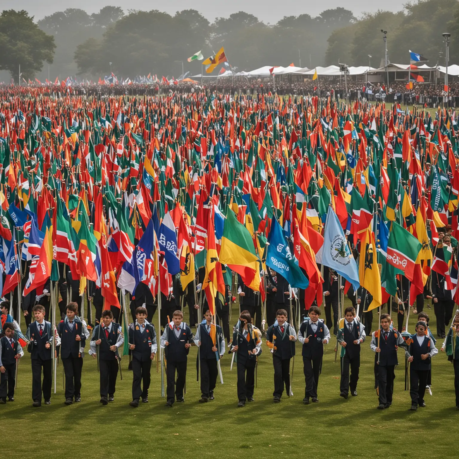 generate a scene where there is a parade going on in a school ground where students are holding flags of the school groupds in different colours. The main agenda of this image is to see big flags. The perspective of the image should be focued on only few students who are hodling flags