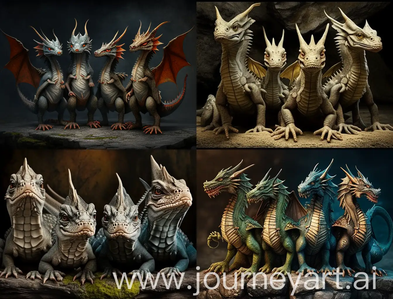 Four young dragons standing on the ground