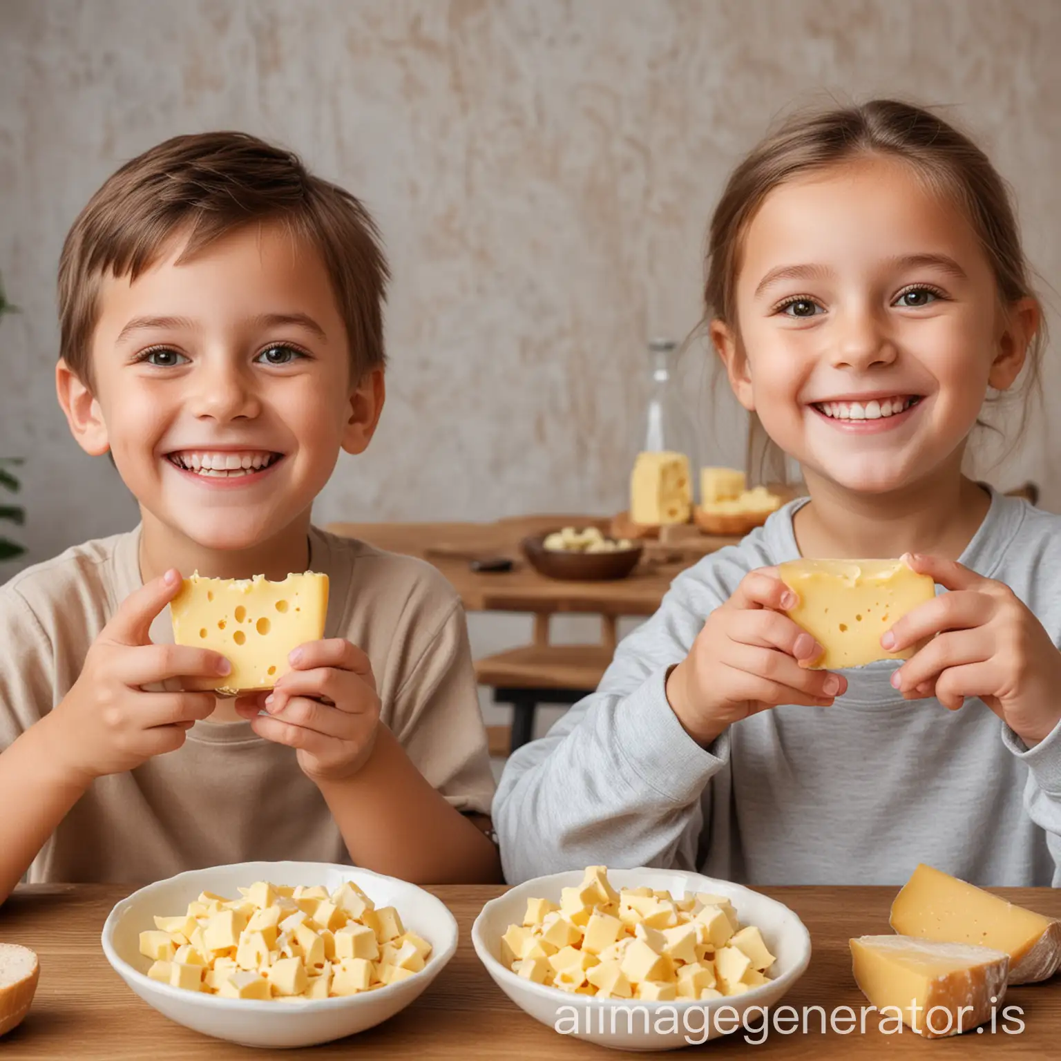 A happy boy and a girl are looking at us, holding a little cheese in their hands in front of a table full of cheese in bowls and on the table.