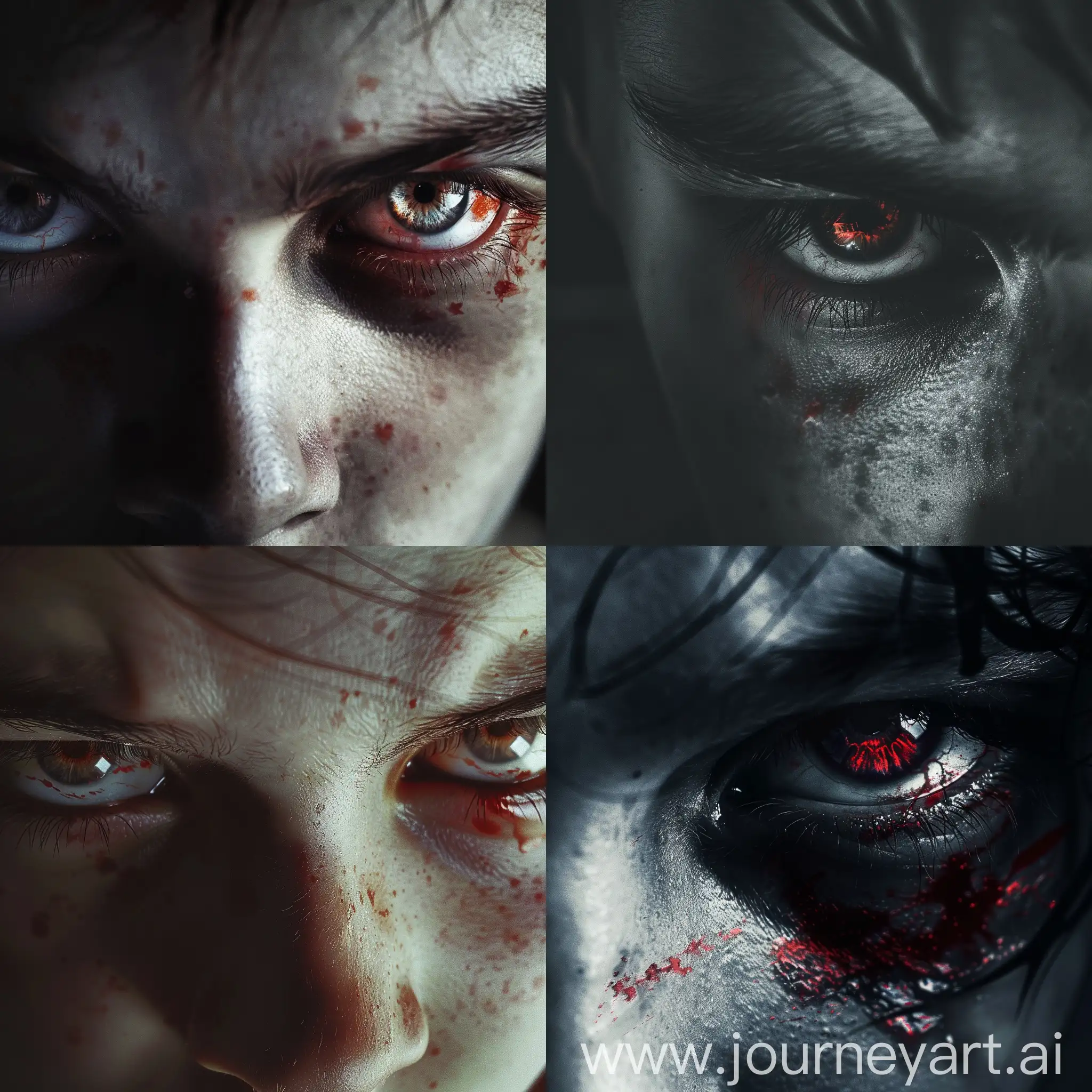 Bloody Eyes of a teenage boy dark, they eyes are filled with anxiety, anger, loneliness, and lot of anger
