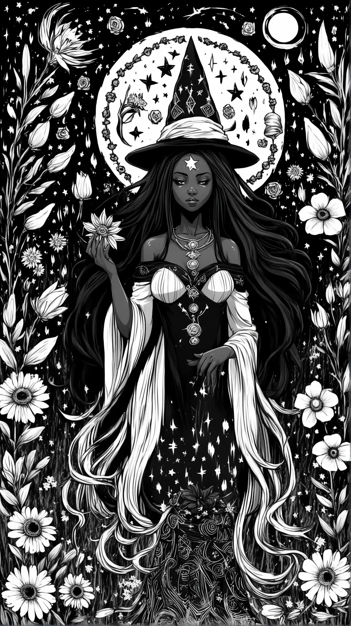  african witch magic spell black and white long hair and flowers 