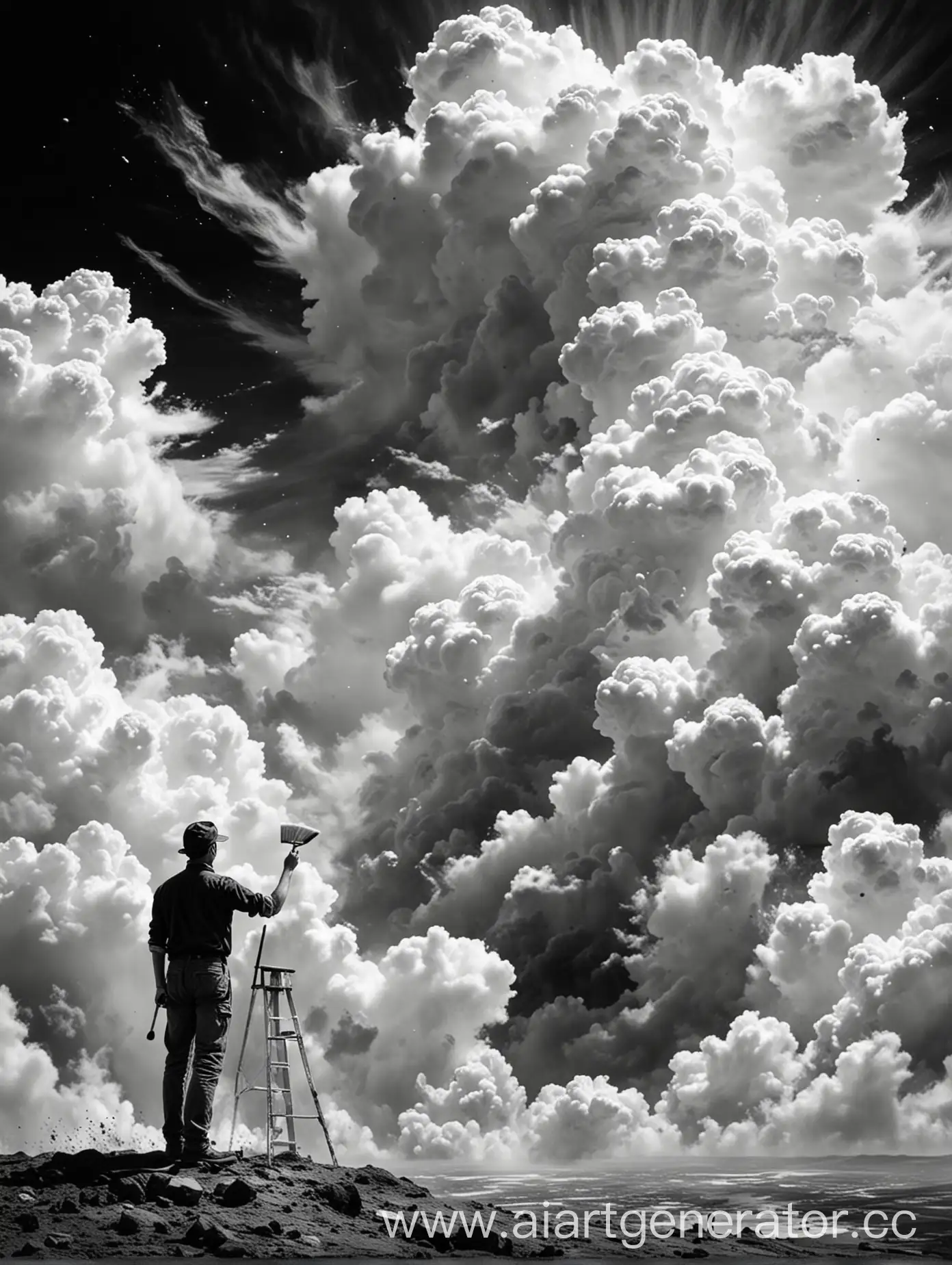 Чёрно белый постер, стоит человек с кистью и раскрашивает облака, часть облаков цветная, часть чёрно-белая