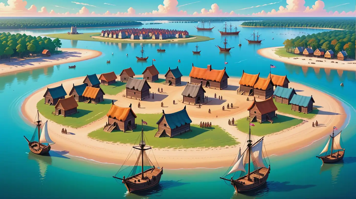 Colorful 2D Vector Illustration of Jamestown the First Permanent English Settlement in North America