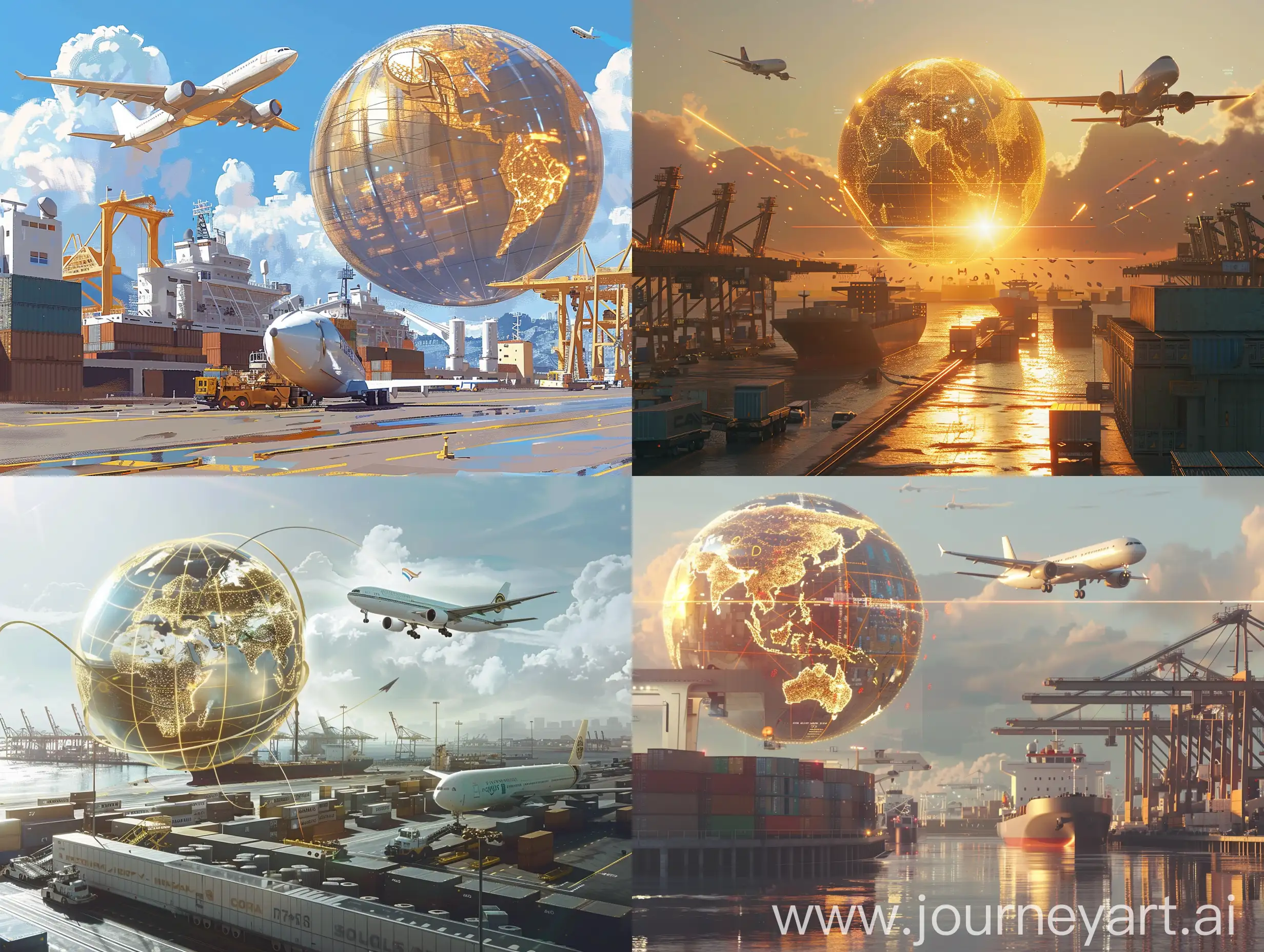 a clean, ultra-realistic, port scence on day time with a big golden globe hologram with latitude and logtiude lines in the background, big white airplane flying around the globe, cargo ship at the port along with port equipment and containers. make everything blend together.