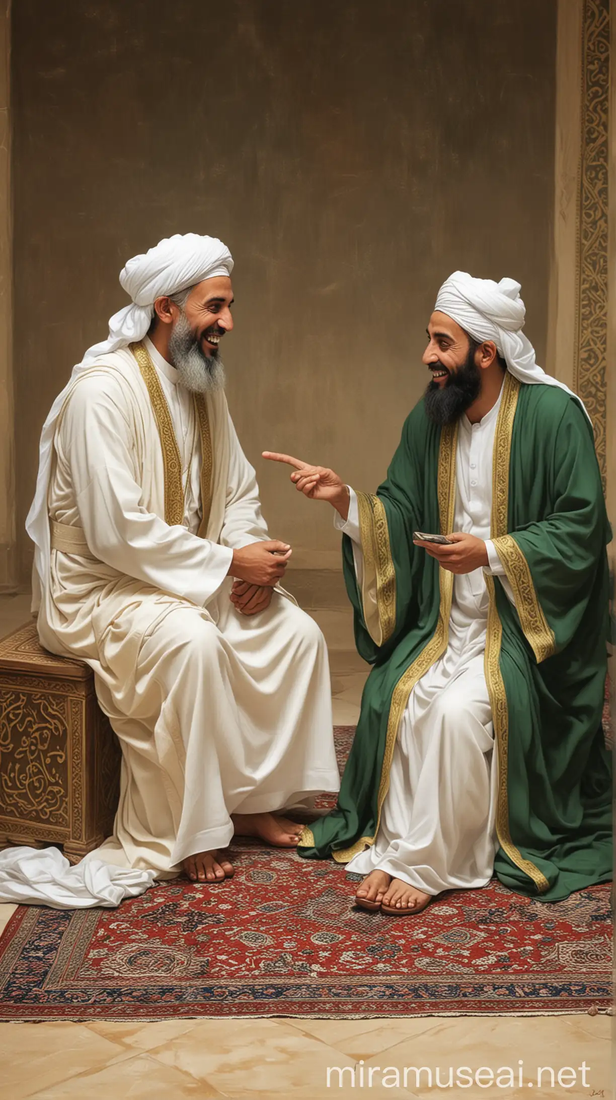 An illustration of Hazrat Abu Huraira (RA) sitting with Prophet Muhammad (PBUH), sharing a light moment.
Description: Abu Huraira (RA) is depicted smiling while sharing a humorous anecdote with the Prophet (PBUH), showcasing their close bond and camaraderie. islamic tradition
