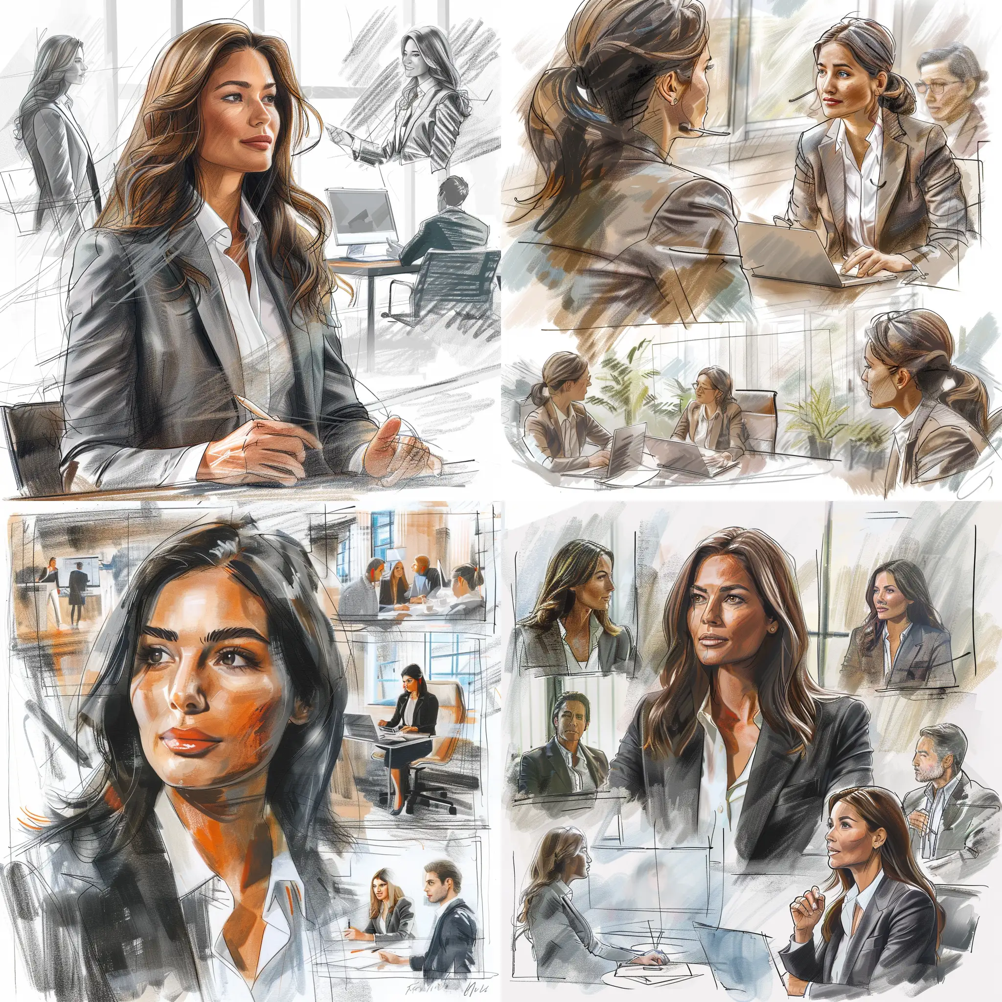 "A very realistic sketch with graphite pencil and color accents of an attractive woman in business attire, networking in various environments. Some frames show her in a modern office with natural light from windows, while others depict her in a virtual meeting room with soft indoor lighting. The composition includes close-up shots, mid-range views, and wide-angle perspectives. The woman is engaged in conversations, working on her laptop, and presenting to a group. The atmosphere is professional and dynamic." --s 0 --v 6.0 --style raw