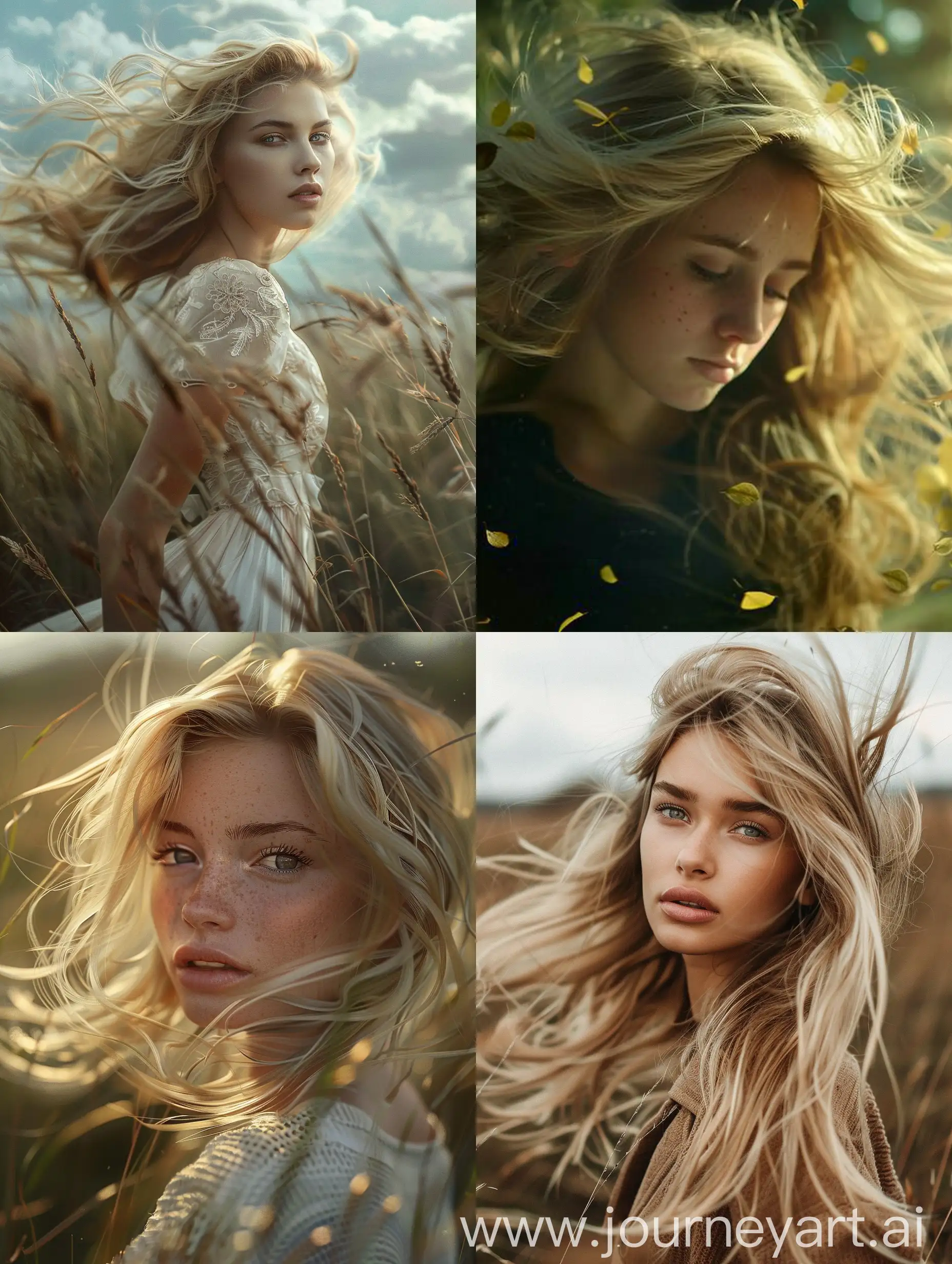 Generate a realistic woman with blonde hair blowing in the wind in a nature
