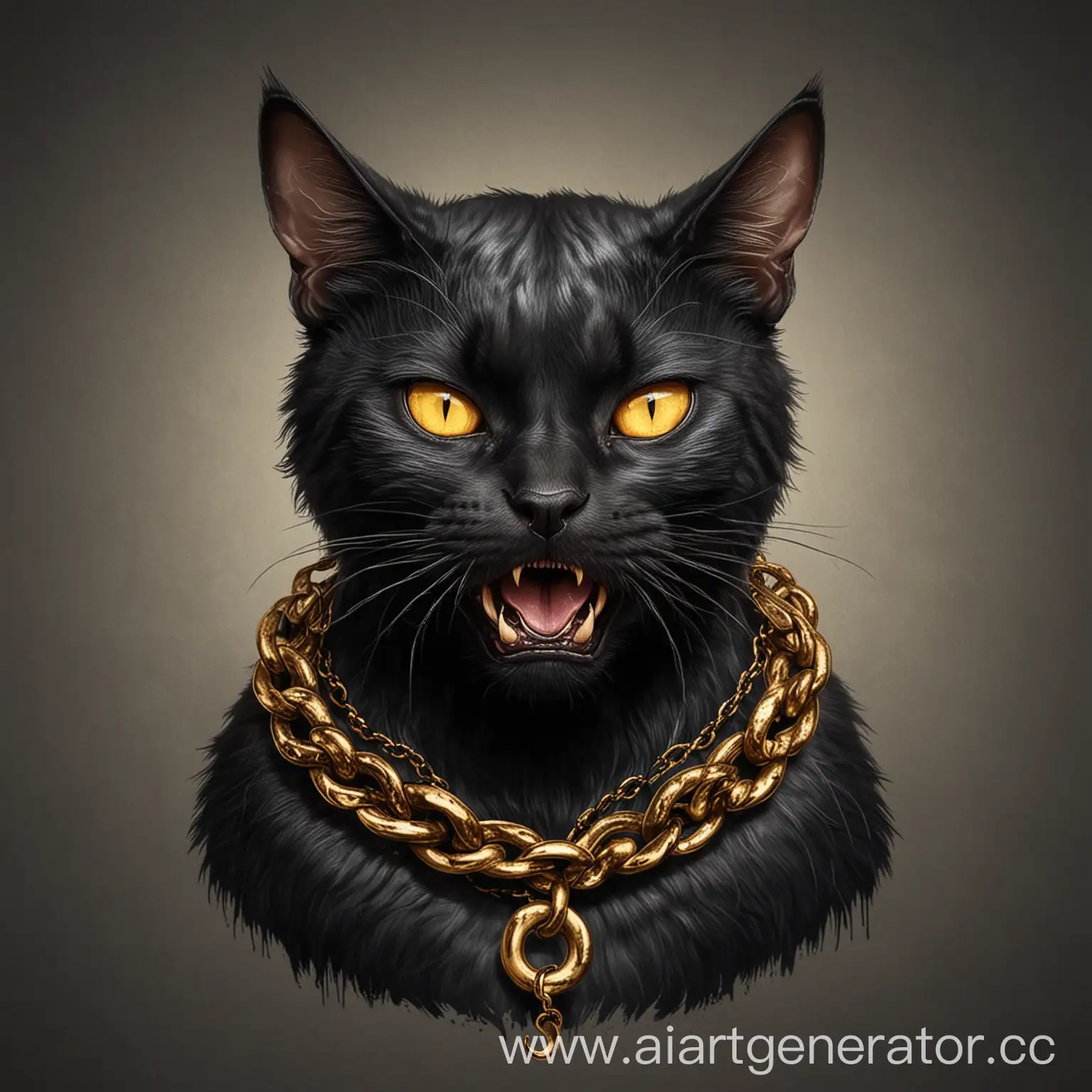 рисунок агрессивный чёрный шипящий кот с золотой цепью на шее
