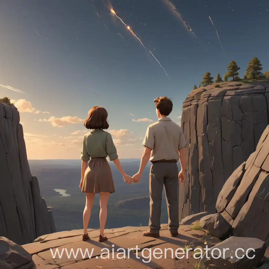 Cartoonish man and woman holding hands stand with their backs to the camera on the edge of a cliff, watching the meteorite fall.