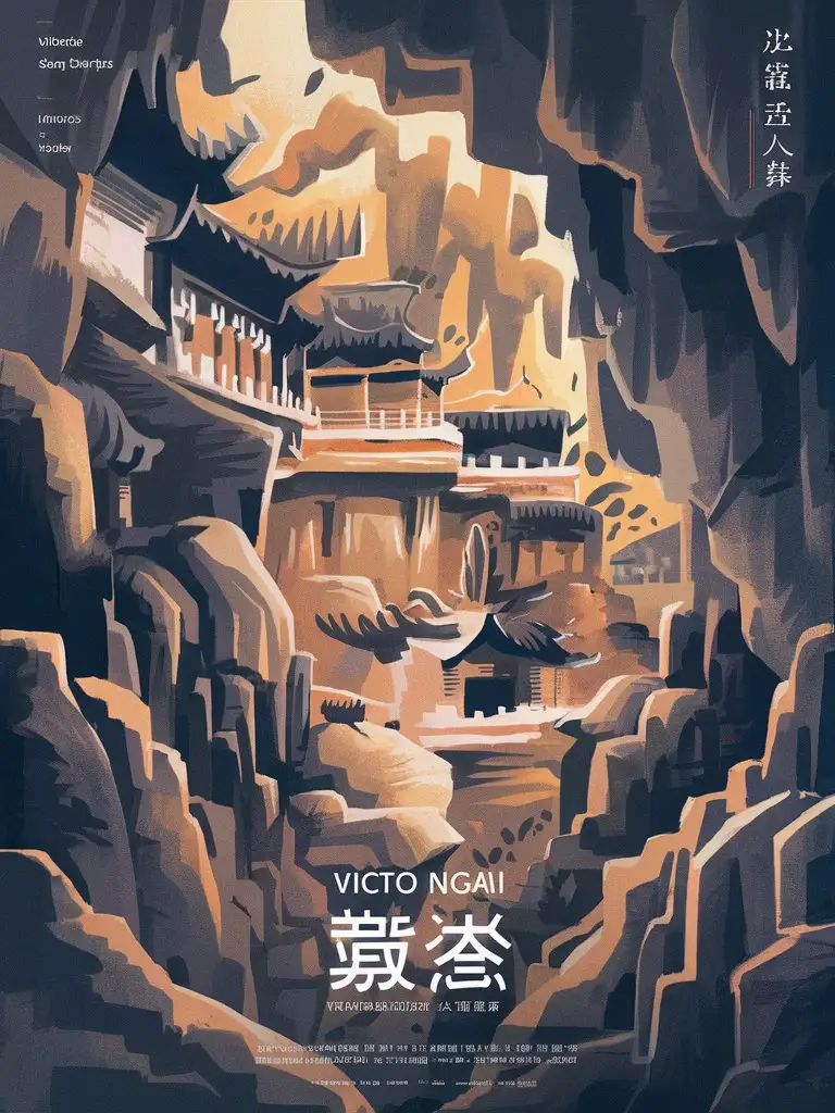 海报，Victo Ngai风格，平面插画，岩石颜色，中国传统人物图案来自水墨画、壁画