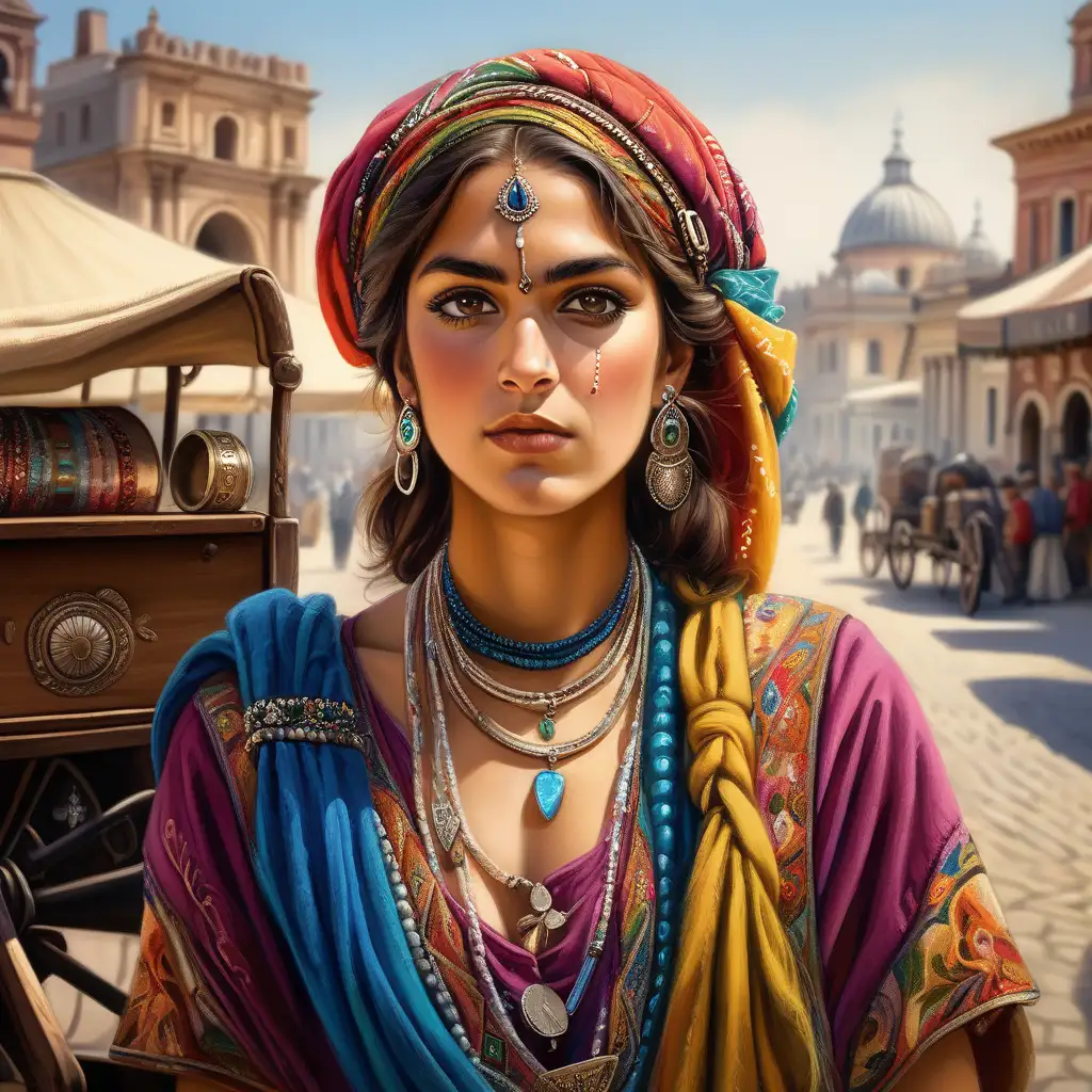 A realistic, beautiful photo of a pre-war gypsy woman, young and beautiful, shown from the waist up, dressed in a traditional, colorful outfit. On her head rests an ornate scarf, and the whole is complemented by numerous jewelry accessories. In the background is a traditional rolling stock cart, characteristic of the Roma culture. The stage exudes a wealth of culture and heritage, taking us back in time to days full of colour and tradition.