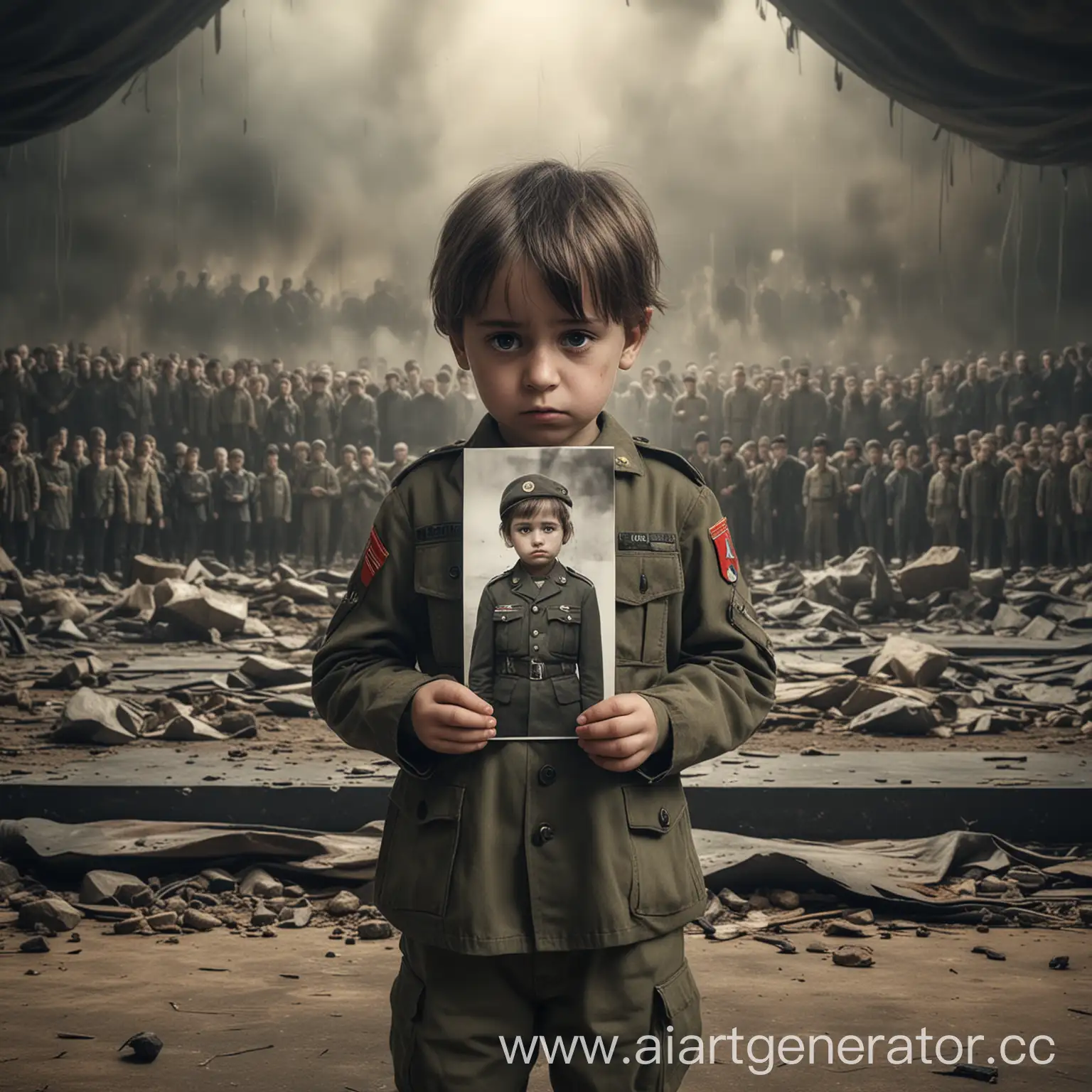 Sad-Child-Holding-a-Photo-Amid-Military-Action-Surrealistic-Depiction-of-Fear-and-Sadness