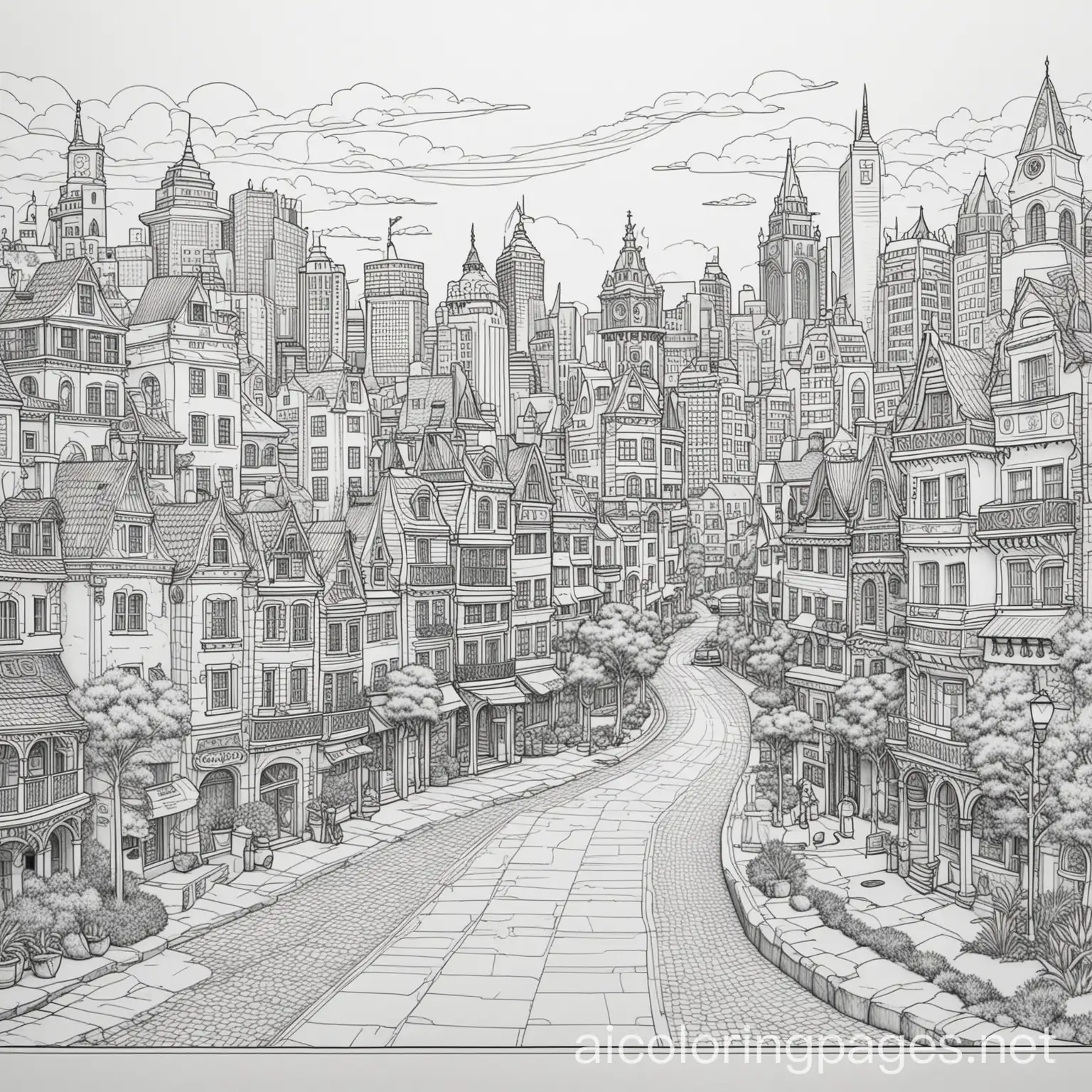 Sydney as a fantasy city, Coloring Page, black and white, line art, white background, Simplicity, Ample White Space. The background of the coloring page is plain white to make it easy for young children to color within the lines. The outlines of all the subjects are easy to distinguish, making it simple for kids to color without too much difficulty