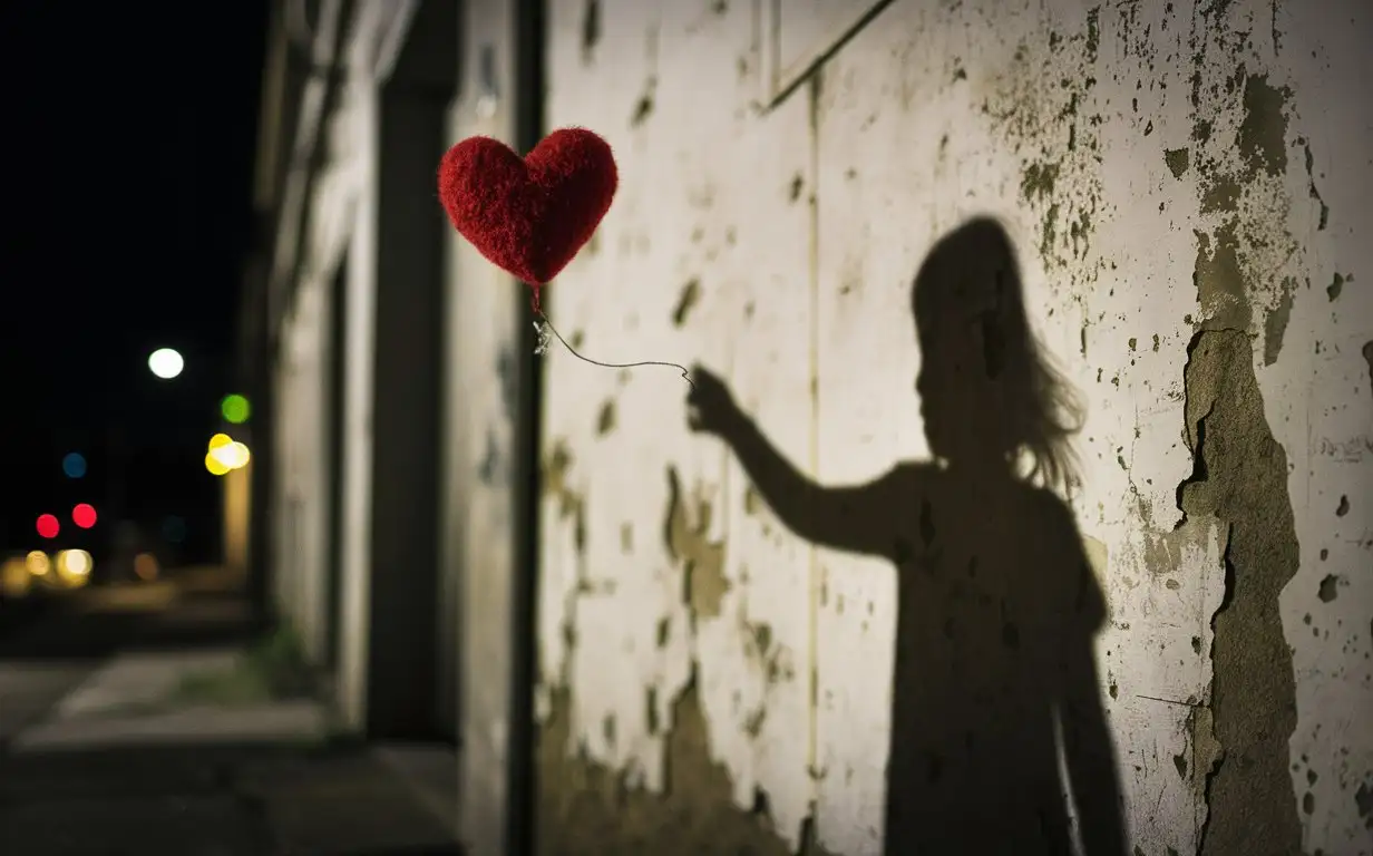 [in the shadow of Banksy] Flying little red heart-shaped balloon with a string, close-up, only the shadow of a little girl standing with outstretched arm as if trying to hold the balloon, shadow of the girl projected on the wall in the background, peeling white wall, night, urban wall with night street lighting, drama, low saturation, hyper-realistic, cinematic