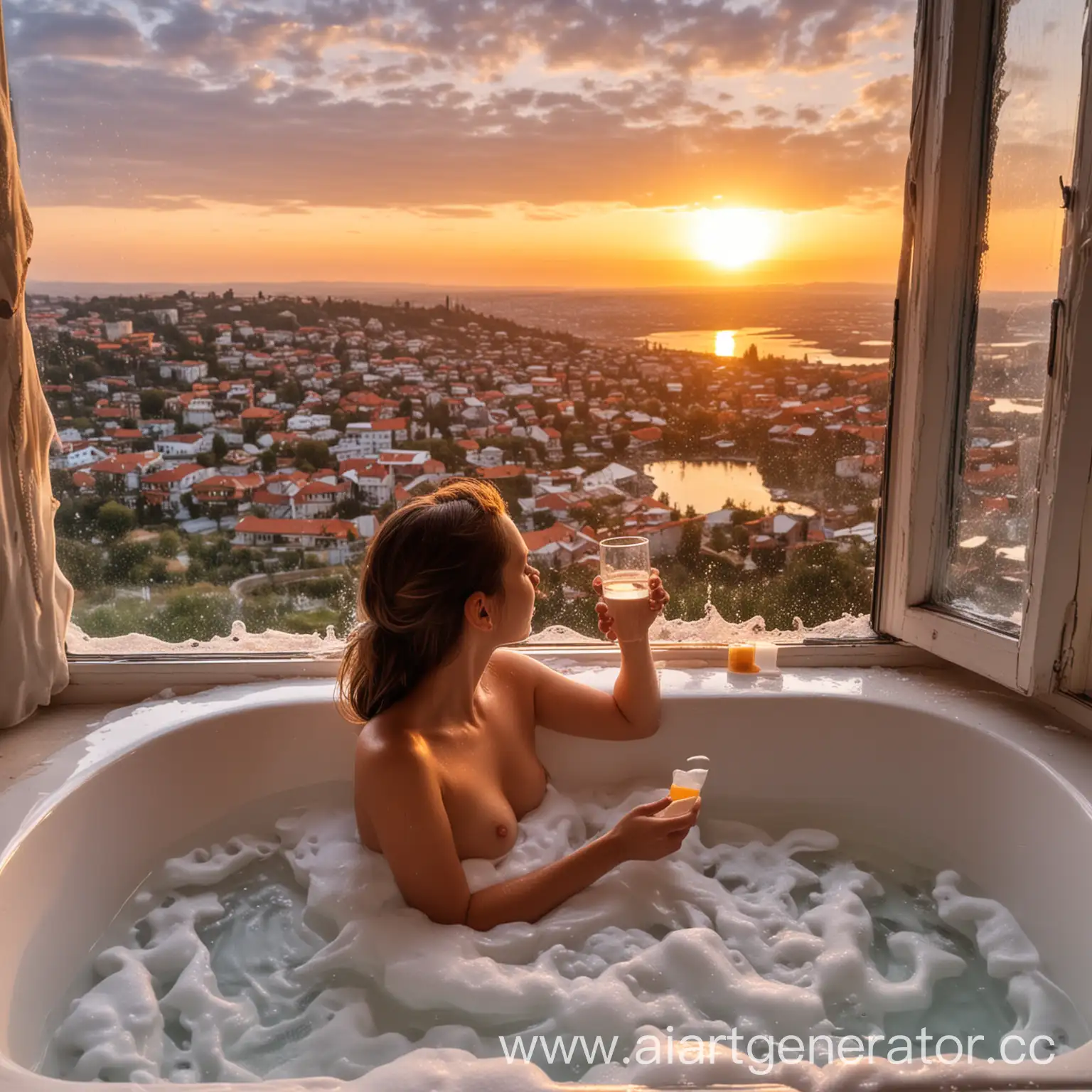 Girl-Relaxing-in-Foam-Bath-by-Sunset-Panoramic-Window