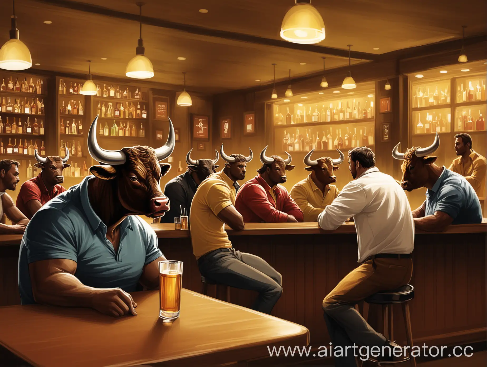 нарисуй  людей-быков  , которые отдыхают в баре 