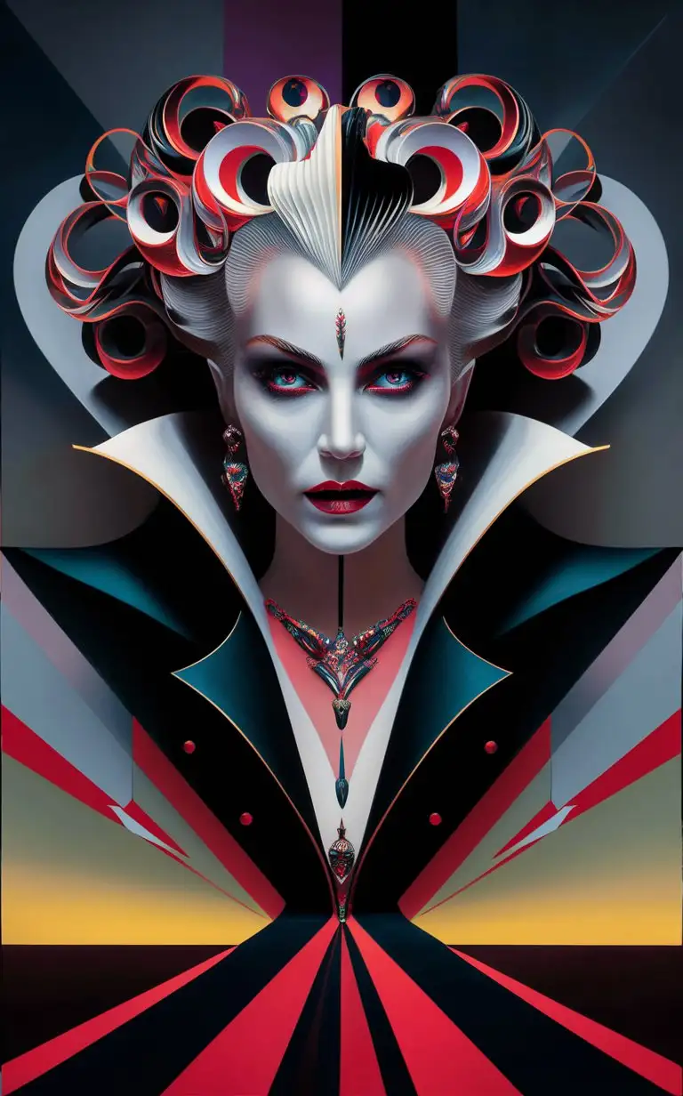 --chaos 500 "Design an complex uhd"Vampire Countess Ravenna, the Scarlet Enchantress" rfktrstyle uhd macabre uhd fibre uhd robotics uhd 64k abstract diesel inside expressionist uhd oil uhd 4k 8k painting by Greg Simkins and Gerald Brom, featuring a uhd headshot of a uhd figure with uhd intricate uhd details, in uhd high uhd contrast colors with a tilting horizon. The artwork should be minimalistic, colorful uhd, and stark uhd, with a dynamic uhd pose and a centered composition that follows the golden ratio. The complex figure should be looking directly at the viewer, with sharp uhd focus and a sense of uhd elegance. The style should be inspired by both traditional abstract expressionism and neo-expressionism, with a touch of African art and digital painting concepts. Compare the style to that of Alphonse Mucha and Loish."