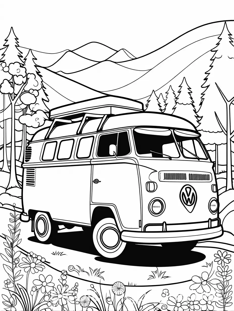 hippie van, pic nic, children , thick lines., Coloring Page, black and white, line art, white background, Simplicity, Ample White Space. The background of the coloring page is plain white to make it easy for young children to color within the lines. The outlines of all the subjects are easy to distinguish, making it simple for kids to color without too much difficulty