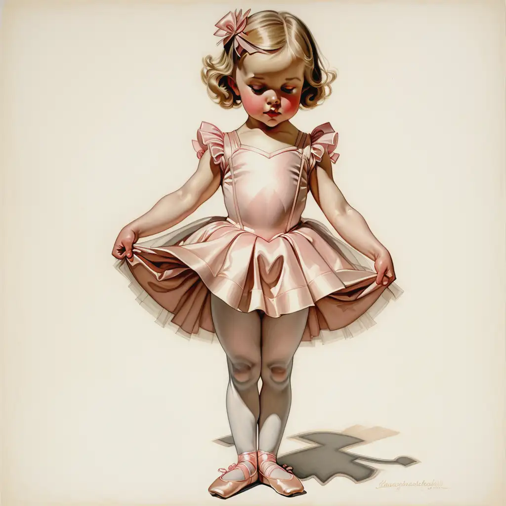 4-year-old girl standing, looking down at her feet bashfully holding her hands together, leyendecker style, wearing a ballerina outfit