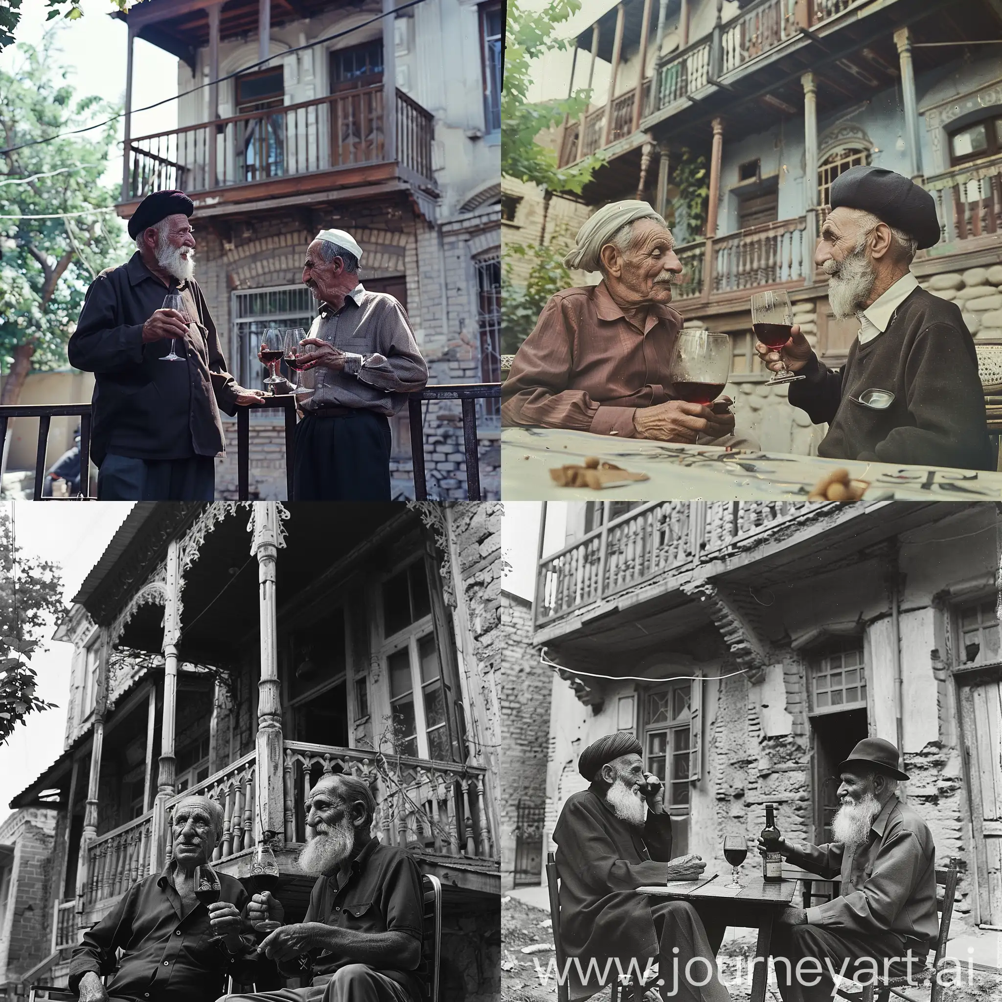 два старика пьют вино в старом тифлисе у дома с балконами