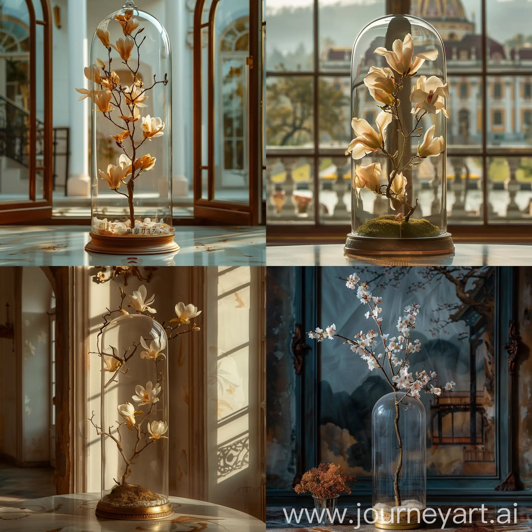 Exquisite-Flower-Branch-in-Glass-Dome-Elegant-Morning-Scene-at-Royal-House