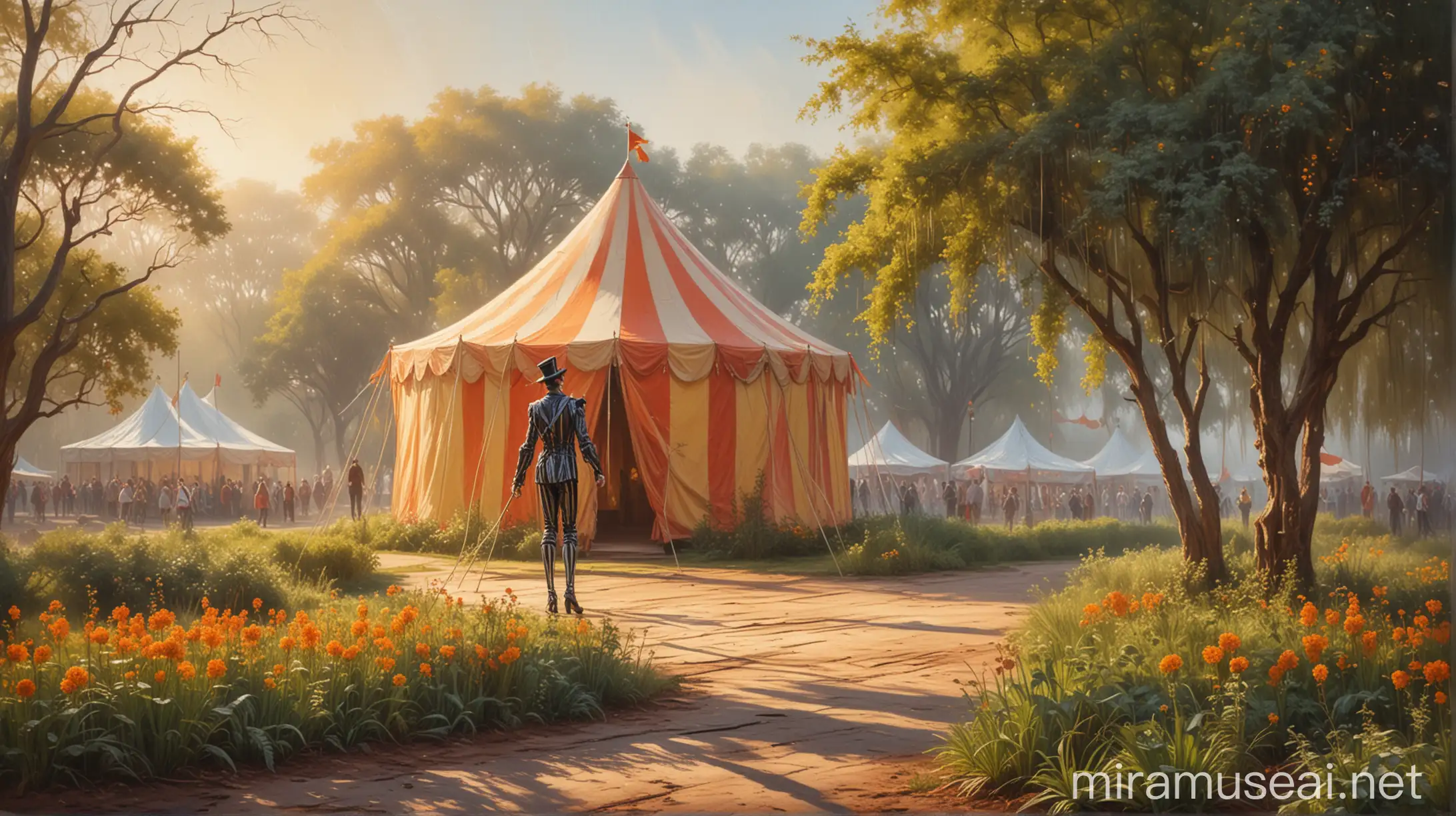 an adventurous stilt walker moves in a sunny square in front of a circus tent, rich spring vegetation, misty sunrise, diagonal lines, oil painting