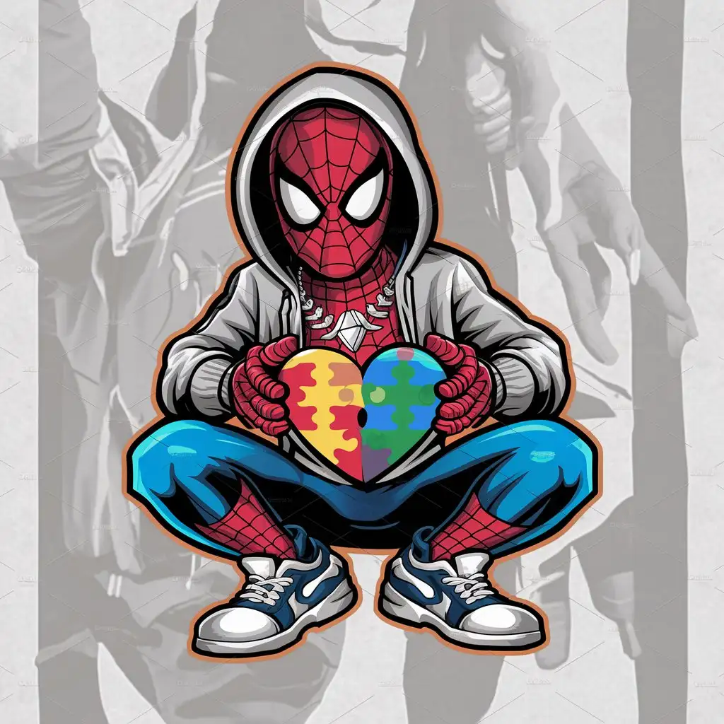 a logo design,with the text "DIFFERENT WARDROBE WHERE AUTISM MEETS STYLE", main symbol:Spiderman wearing street wear attire and a diamond necklace. He’s holding a heart with red, blue, green, and yellow puzzle pieces embedded into it,Moderate,clear background