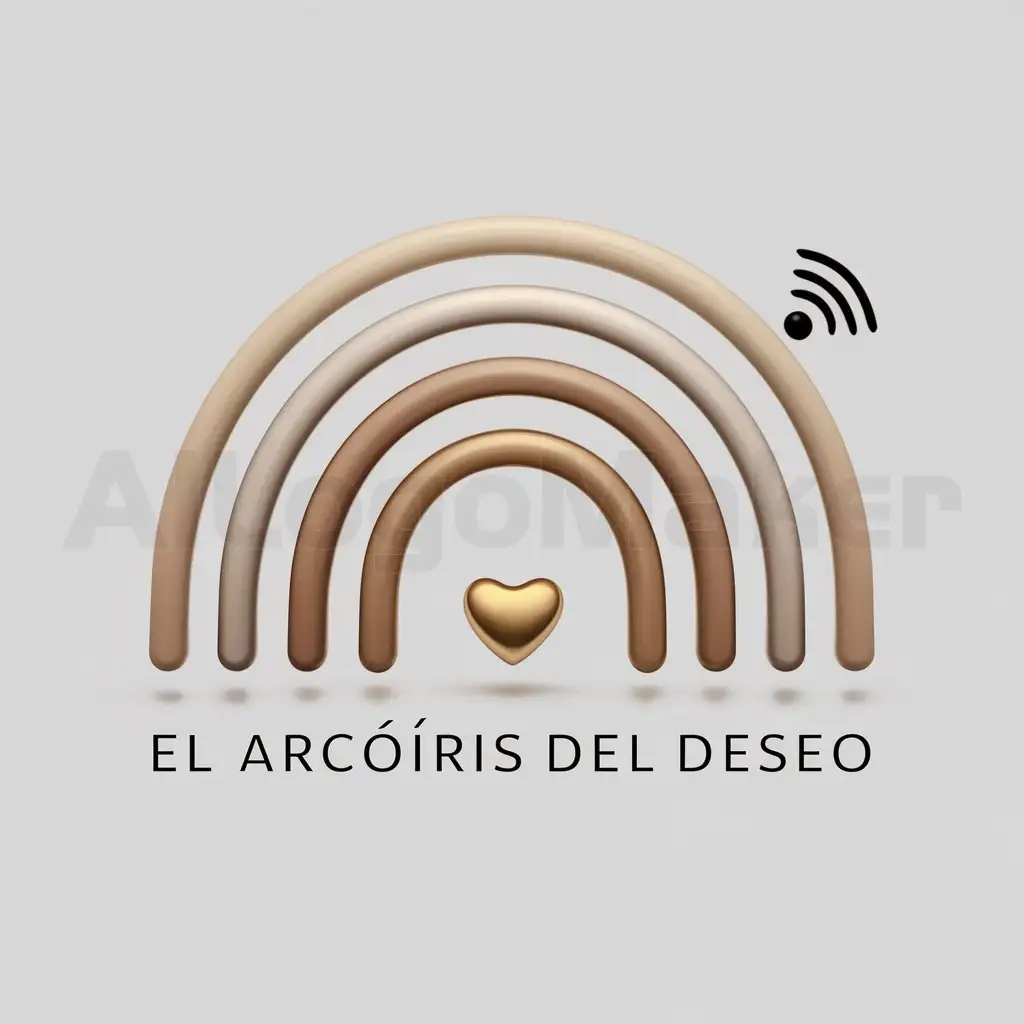 a logo design,with the text "El Arcoíris del Deseo", main symbol:A simplified rainbow with curved lines, each line representing a color, but with a soft gradient. In the center of the rainbow, a small golden heart. At one end, a small wifi signal icon,complex,be used in Technology industry,clear background