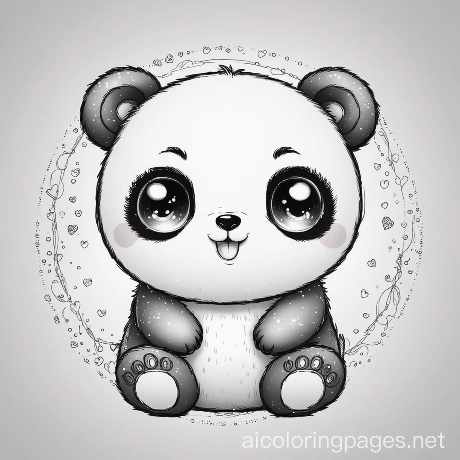 Kawaii Panda - Round body, big eyes with sparkles, and a little heart on the tummy., Coloring Page, black and white, line art, white background, Simplicity, Ample White Space. The background of the coloring page is plain white to make it easy for young children to color within the lines. The outlines of all the subjects are easy to distinguish, making it simple for kids to color without too much difficulty