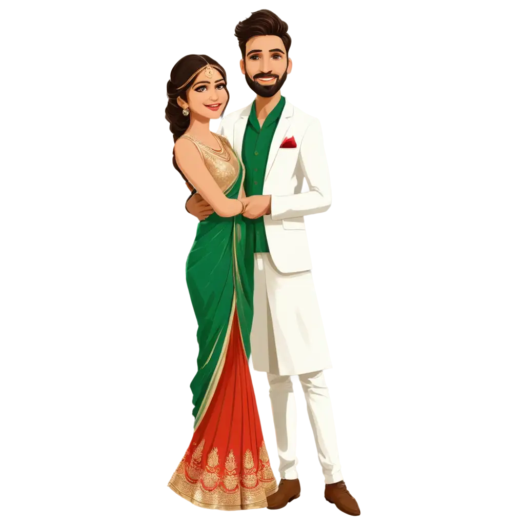 How about: "Could you create caricature-style illustrations of a groom wearing a white Jodhpuri suit and a bride in a green saree for our engagement ceremony