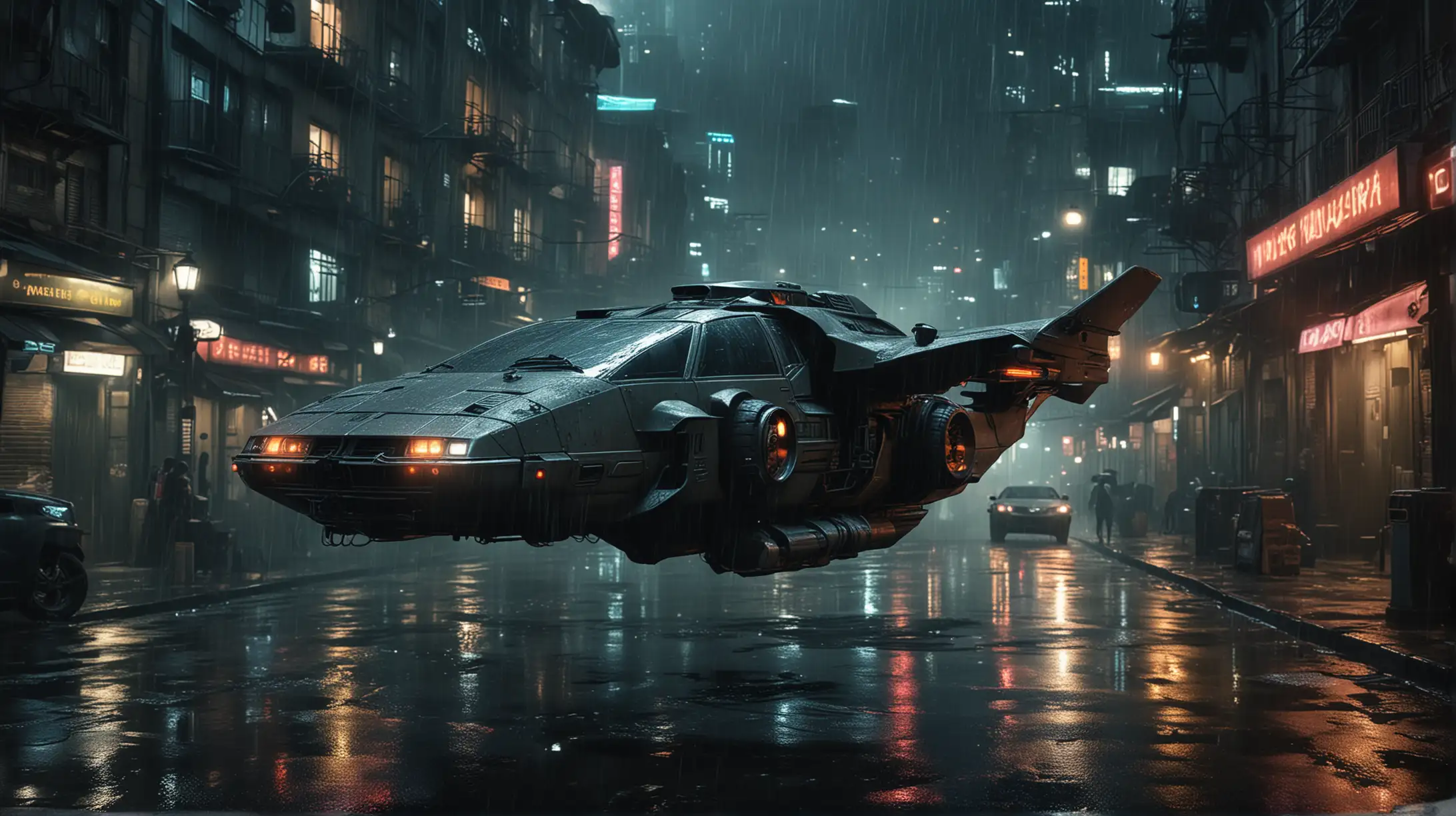 Futuristic Flying Car Landing in Rainy Night Cityscape
