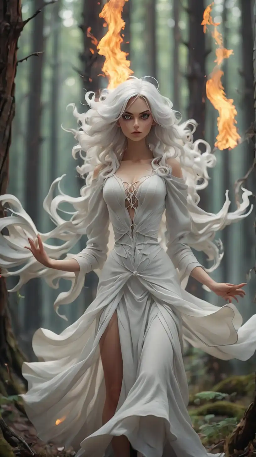 Strega fantasy, vestita di bianco , in una foresta fantasy di alberi giganti , sfondo sfuocato ,  posa sinuosa , che domina il fuoco, 4k , 