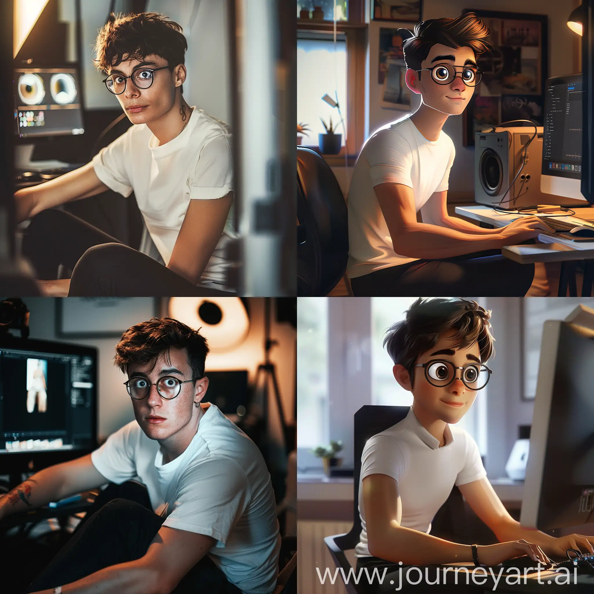 制作一个在海马体照相馆上班的修图师照片，男生，戴眼镜，短发，大眼睛，白色短袖黑色裤子，坐在电脑前。光线温和，细节丰富。