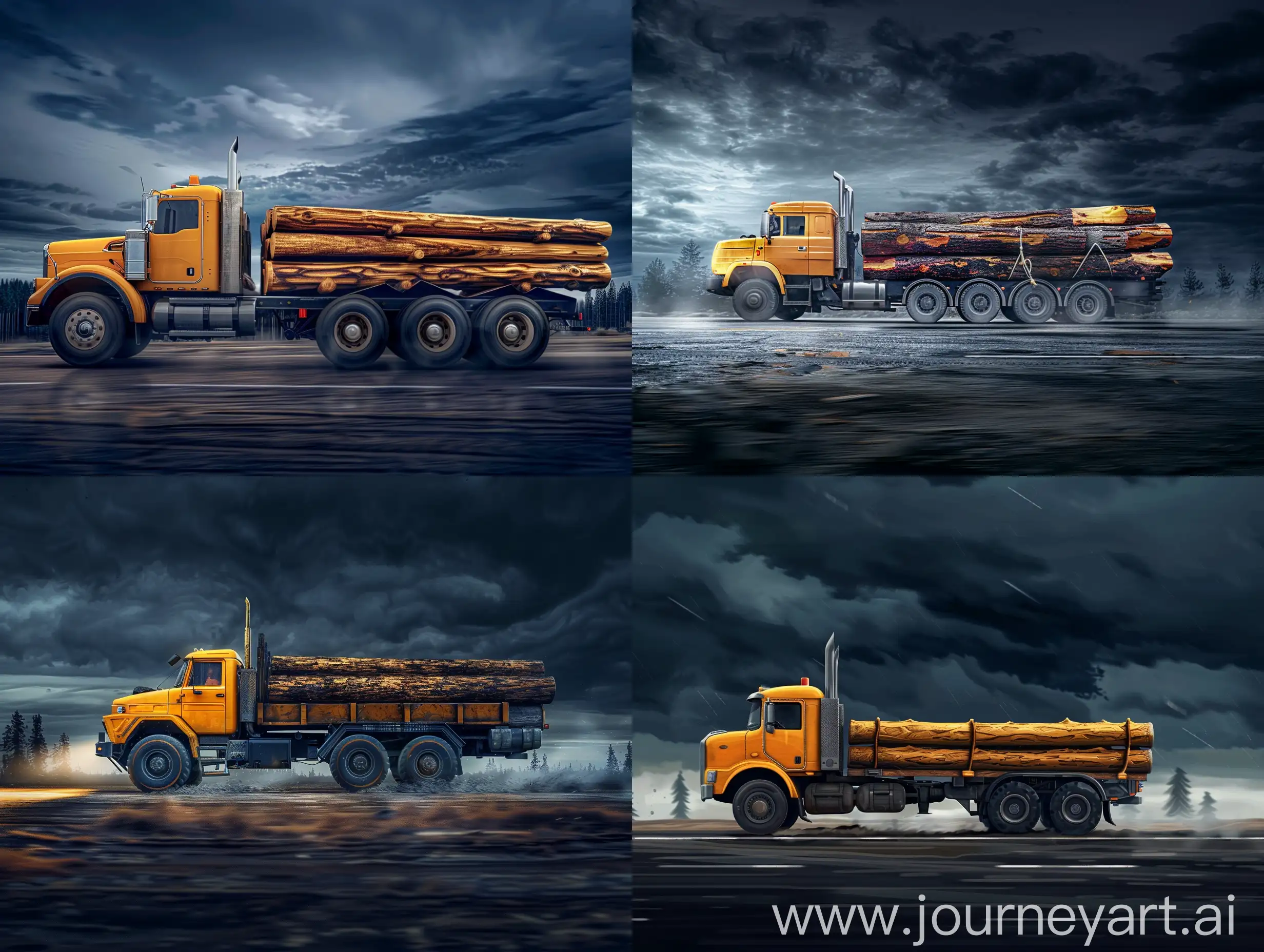 Yellow-Logging-Truck-Driving-Left-on-Dark-Sky-Background
