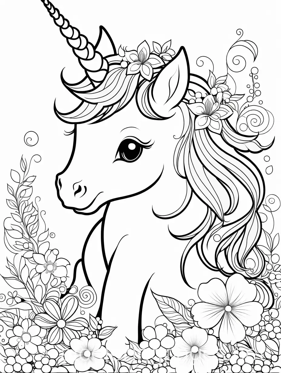 Baby unicorn, flowers, Rainbow, easy, Coloring Page, black and white, line art, white background, Simplicity, Ample White Space. The background of the coloring page is plain white to make it easy for young children to color within the lines. The outlines of all the subjects are easy to distinguish, making it simple for kids to color without too much difficulty