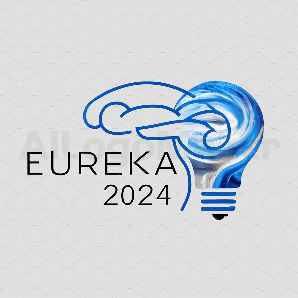 a logo design,with the text "EUREKA 2024", main symbol:Brain and the head, light bulb , the paper in color blue,Minimalistic,be used in Génie en herbe industry,clear background