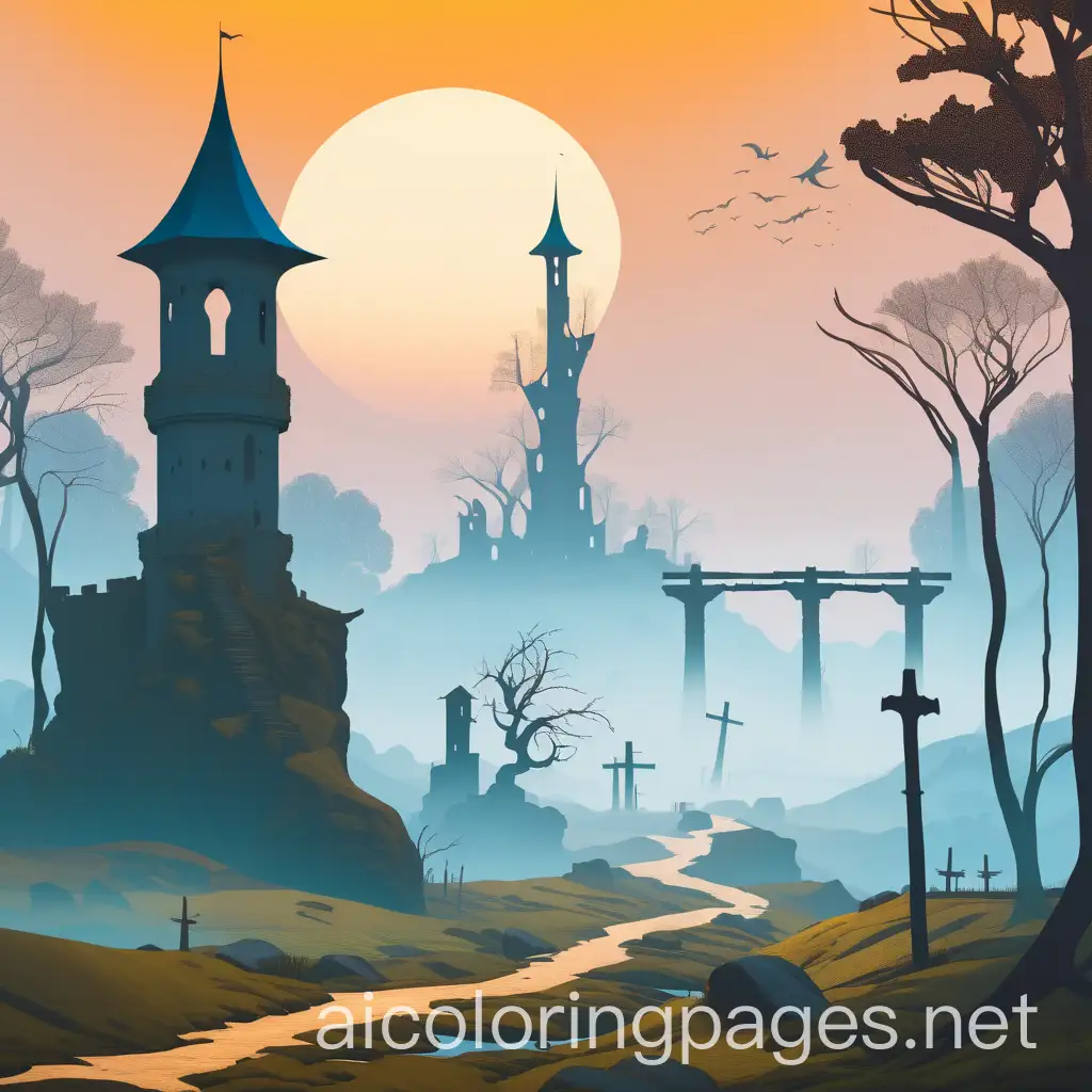 An eerie, fantasy landscape featuring a tall white watchtower at the center with crumbling, sun-shaped village houses around it. The surroundings show withered trees and sparse grass. Below, a section with simple headstones and vague humanoid shapes in the distance, representing forsaken graves. To the left, the ruins of a bridge with a few standing pillars, scattered bones, and stylized lampposts topped with skulls emitting blue flames. To the right, a foggy forest with simple, ghostly shapes among the trees., Coloring Page, black and white, line art, white background, Simplicity, Ample White Space. The background of the coloring page is plain white to make it easy for young children to color within the lines. The outlines of all the subjects are easy to distinguish, making it simple for kids to color without too much difficulty