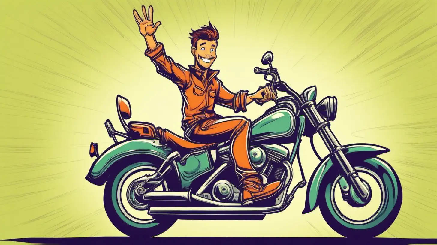 Cartoony Color:   From the side . A young handsome man on motorcyle is WAVING his hand and smiling at us