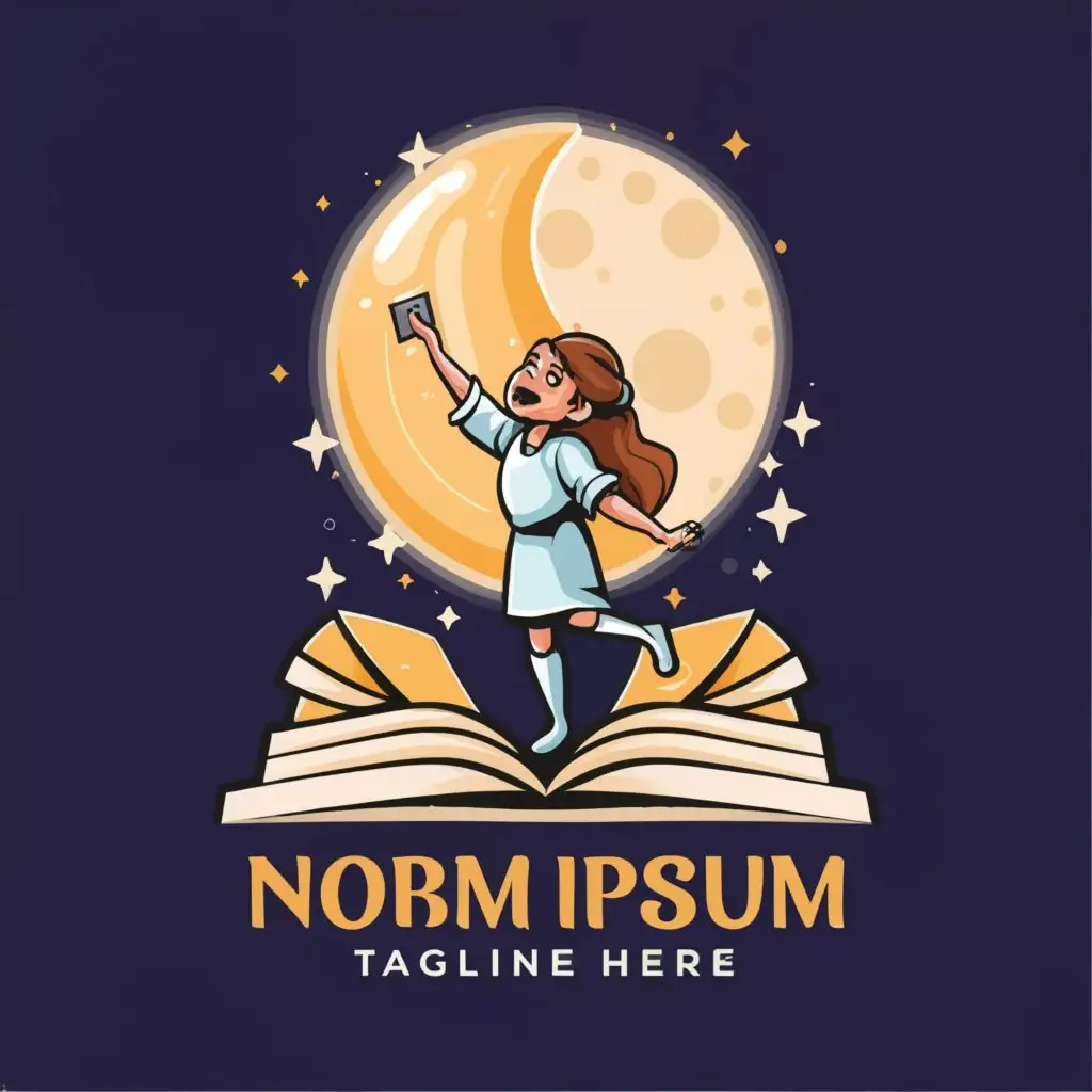 a logo design,with the text "Full moon, the girl reaches out to the moon with her right hand, and with her left hand she holds onto the steps made of books.", main symbol:the moon, the girl reaches for the moon with her right hand, while holding onto the steps made of books with her left hand,Moderate,be used in Education industry,clear background