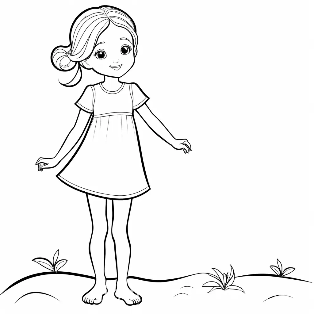 Barefoot girl, Coloring Page, black and white, line art, white background, Simplicity, Ample White Space. The background of the coloring page is plain white to make it easy for young children to color within the lines. The outlines of all the subjects are easy to distinguish, making it simple for kids to color without too much difficulty