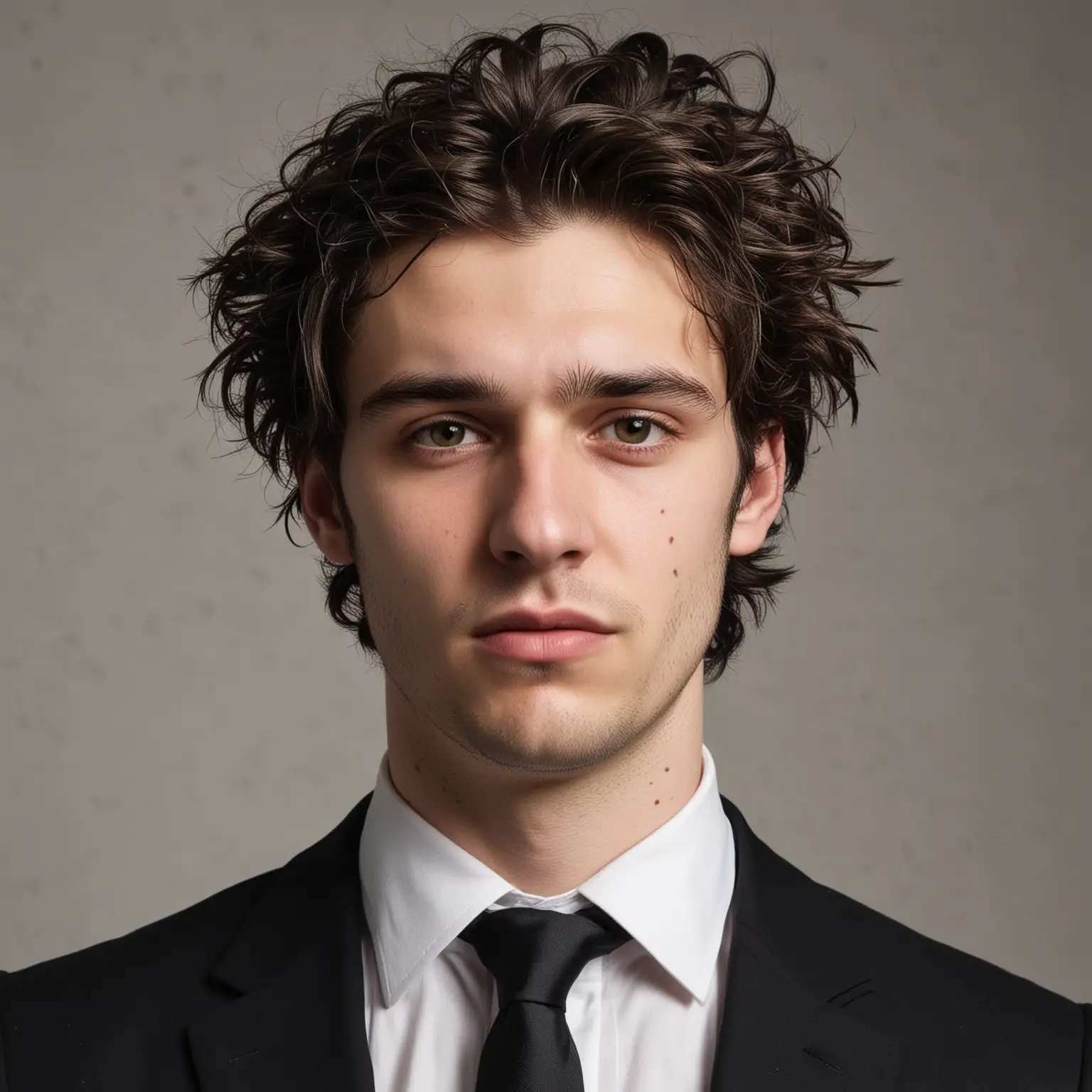 Disheveled Man in Black Suit and Tie Head and Shoulders Portrait