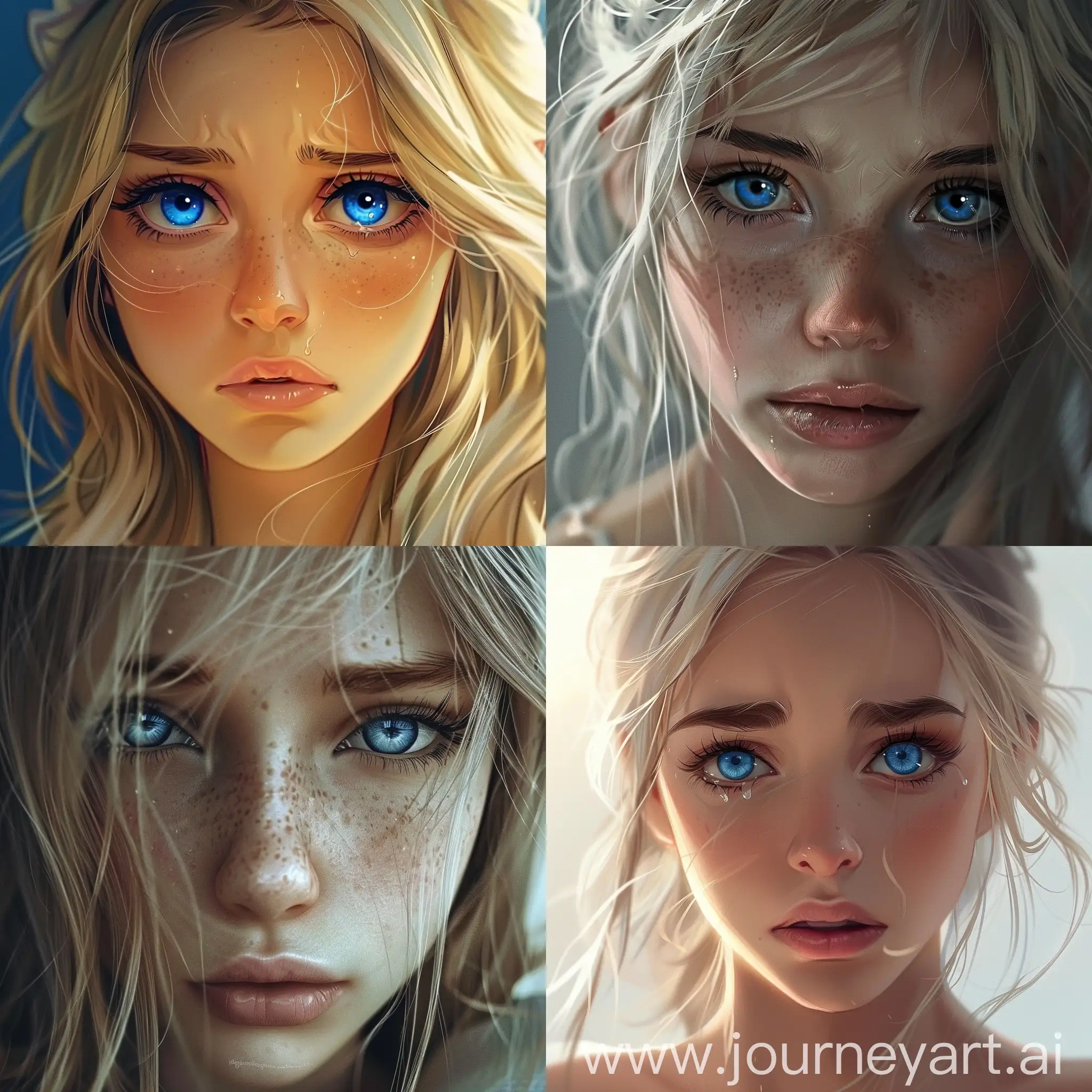 создай красивую грустную девушку с голубыми глазами и светлыми волосами