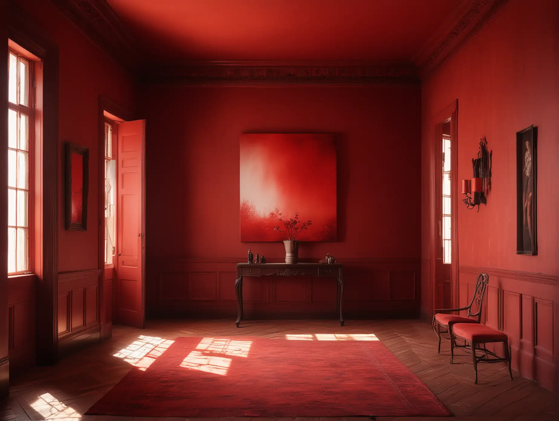 Vibrant Red Room with Art and Natural Daylight
