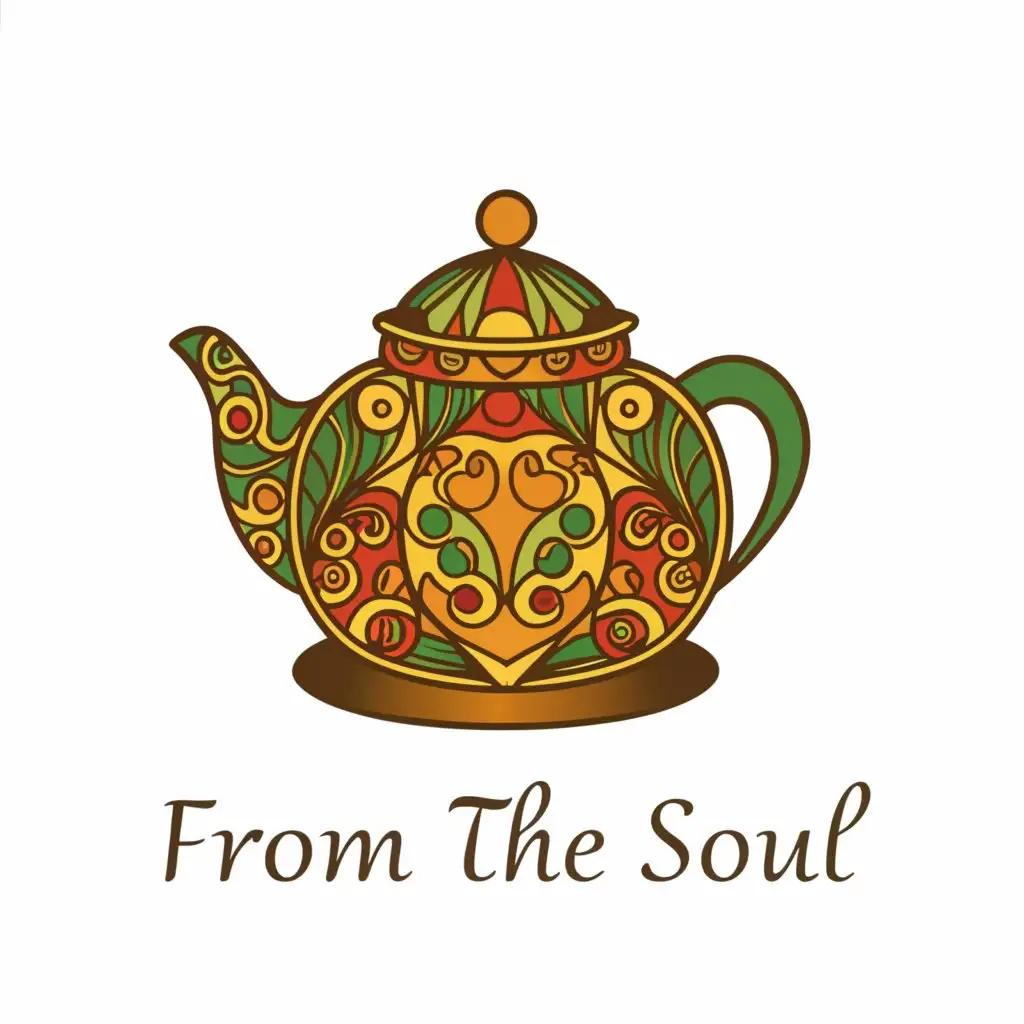 a logo design,with the text ""From the soul"", main symbol:Round teapot, Russian painting. Green, red, yellow colors,Moderate,be used in Restaurant industry,clear background