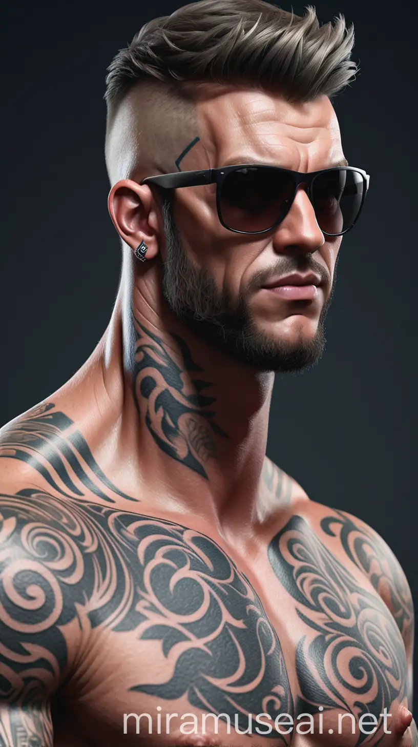 Muscular Man with Tattoos and Sunglasses in HighDefinition 3D Render