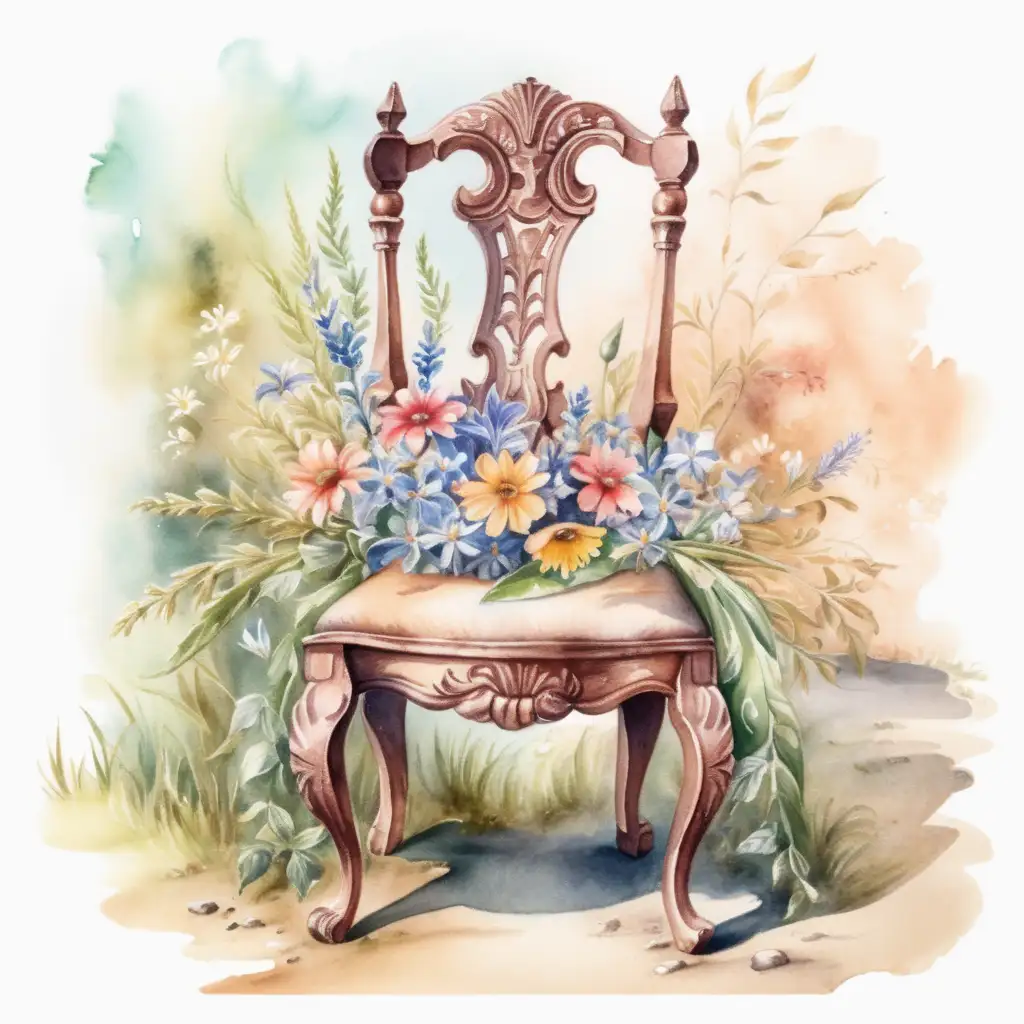 En gammal antik stol med blommor runt , I vattenfärg 