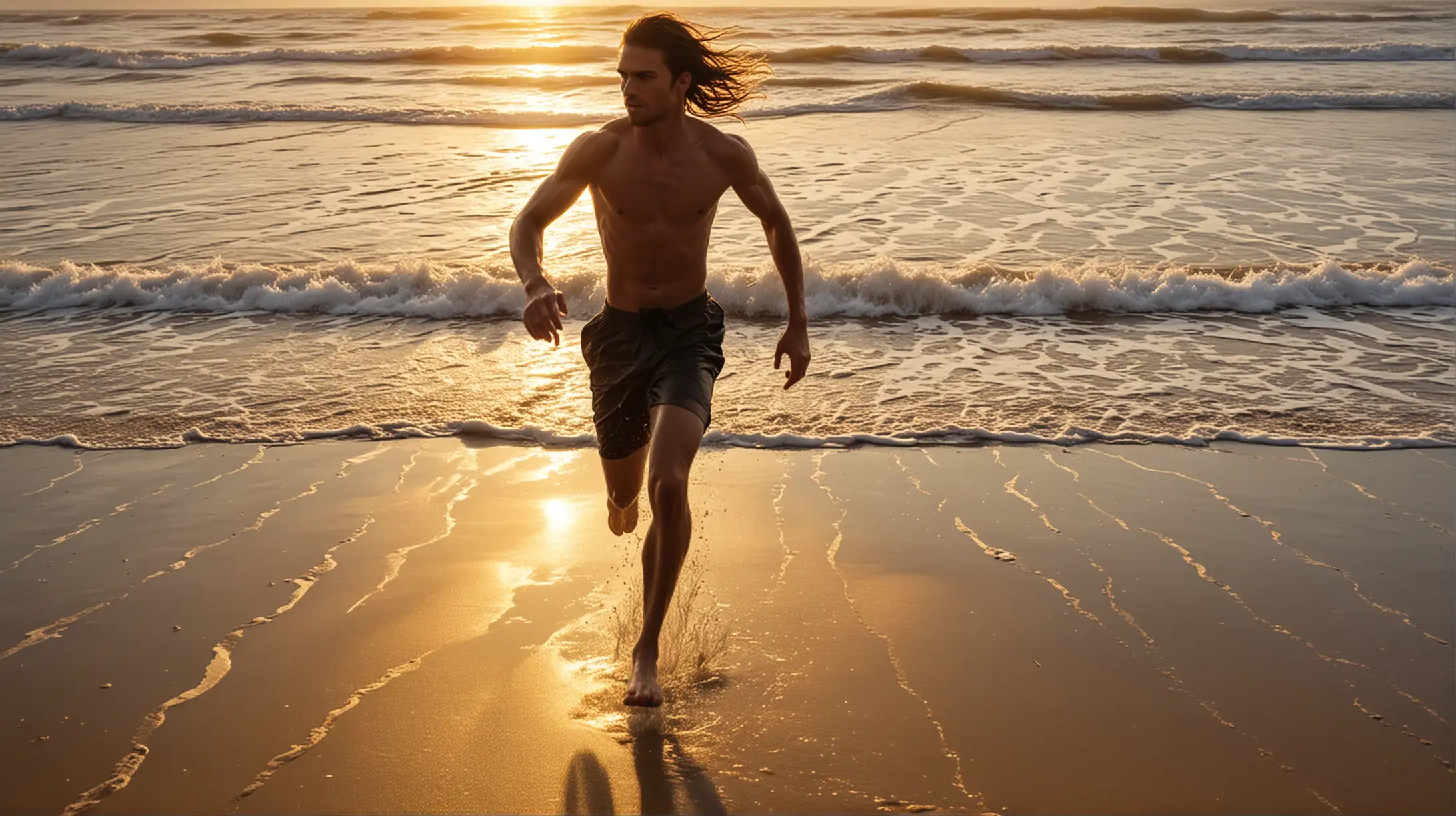 Energetic Beach Run in Rainstorm Dynamic Illustration of a Young Man Splashing Through Waves