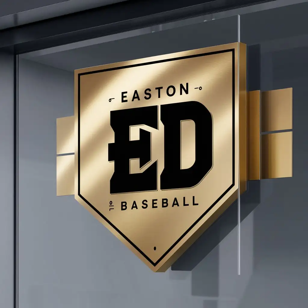 a logo design,with the text "Easton D Baseball", main symbol:Design a sleek, modern logo. this logo should include a home plate with the letters 'ED'. preferred colors are black and gold. The logo should be on a shop signboard front side mockup,Moderate,clear background