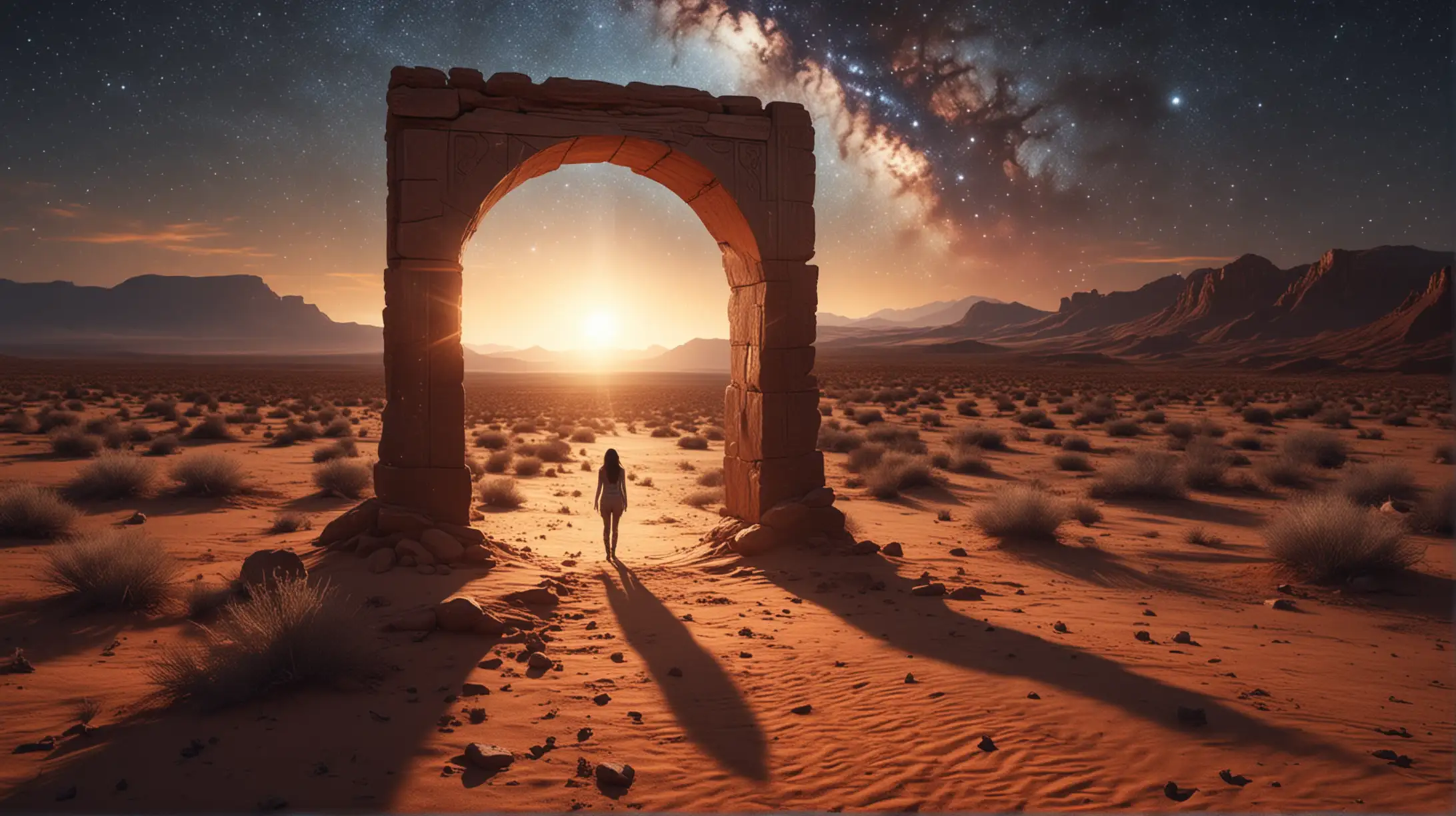 a portal to another dimension in the desert, the portal shines slightly and deforms the space on its perimeter, another world is visible ih the portal, a lonely woman comes out from the portal, completely dark