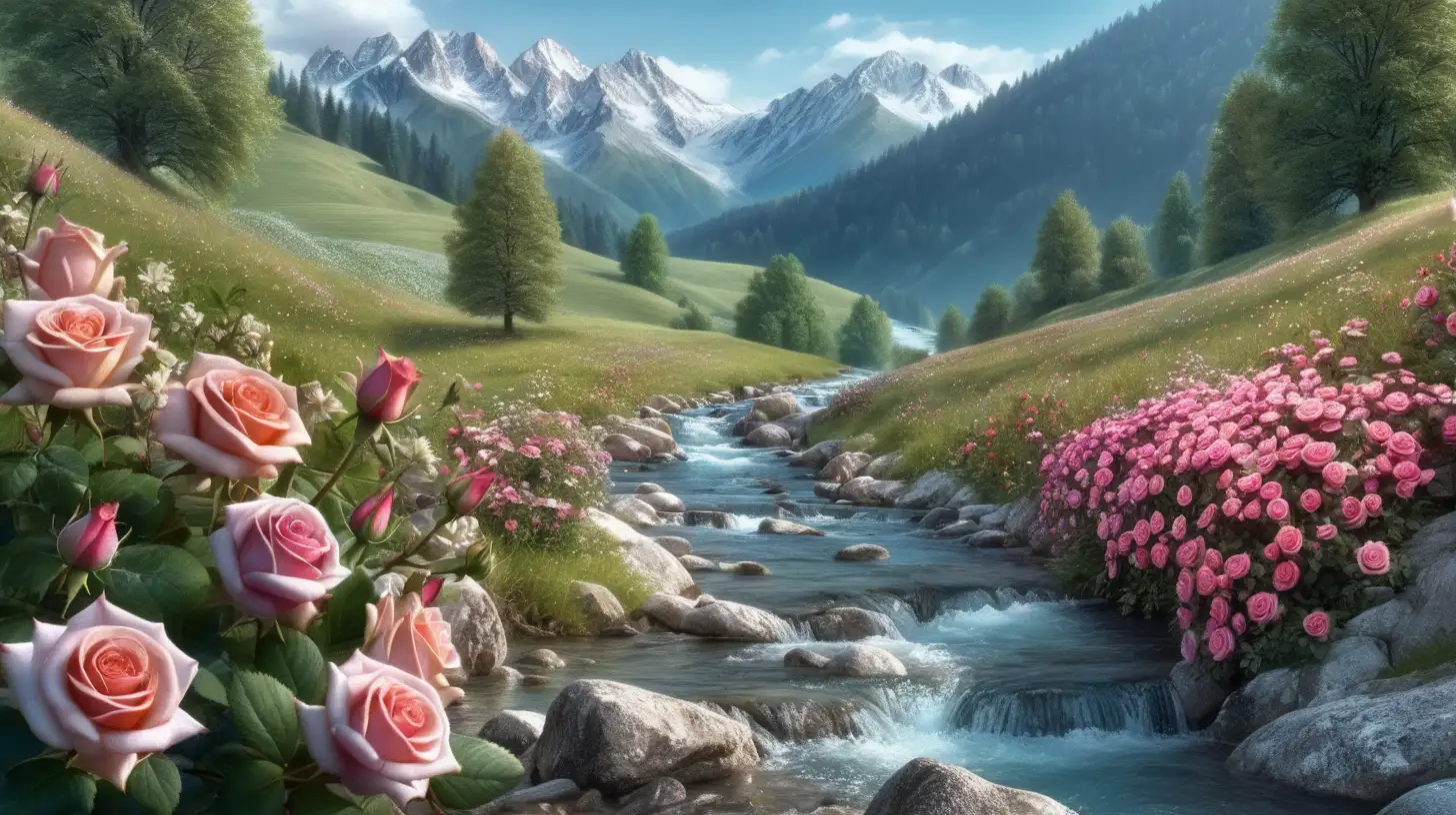 magical flowers and roses by a magical stream in the middle of the mountains